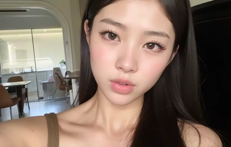 um close up de uma mulher com cabelos longos e um top castanho, maquiagem sul-coreana popular, maquiagem coreana popular, young adorable korean face, linda mulher coreana jovem, Mulher sul-coreana bonita, mulher coreana jovem bonita, beautiful aesthetic face, wan adorable korean face, korean face features, menina coreana, young cute wan asian face, jennie blackpink, lindo rosto delicado, rosto extremamente bonito