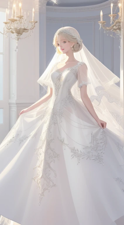 There is a dress on a mannequin stand with light,, translucent dress, white royal dress, Elegant white dress, fantasy dress, Elegant dress, magical dress, romantic dress, intricate fantasy dress, complex white dress, Wearing a beautiful white, lady dress with glowing flowers, ethereal and dreamy, dream style, White Dress, embroidery, Backlight