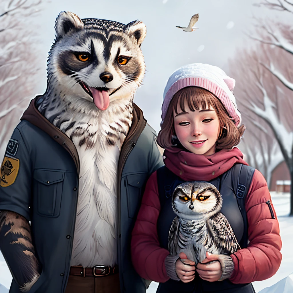 A dog, a bird, an otter, a raccoon, a snowy owl, a cat, and a woman.