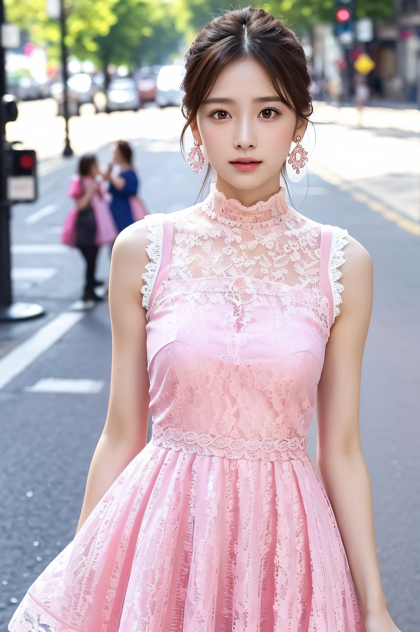 a woman posing on the street corner with pink dress on, best quality, high res, 8k, 1girl, (huge breasts), day, bright, outdoor, (street:0.8), (people, crowds:1), (lace-trimmed dress:1.5, pink clothes:1.5, pink high-neck dress:1.5, sleeveless dress, pink dress: 1.5), gorgeous, (medium hair), beautiful detailed sky, beautiful earrings, (dynamic pose:0.8), (upper body:1.2), soft lighting, wind, shiny skin, looking at viewer,