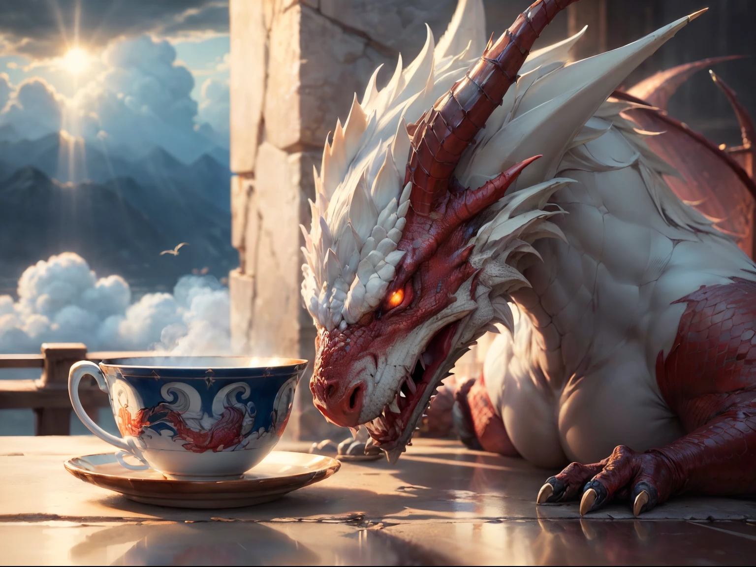 a picture of a red dragon sitting on a massive rock , holding a tea cup (drinking hot tea from a porcelain tea cup: 1.5) (best details, Masterpiece, best quality :1.5), dragon_real cloudy skies background, an epic red dragon (best details, Masterpiece, best quality :1.5) extremely detailed dragon,  horns, dragon_wings, dragon wings wide spread, ultra detailed face,  birds view, sun rays, red divine rays, sun rays reflected in clouds (best details, Masterpiece, best quality :1.5), sense of serenity sense of awe majestic atmosphere, ultra best realistic, best details, best quality, 16k, [ultra detailed], masterpiece, best quality, (extremely detailed), ultra wide shot, photorealism, depth of field, hyper realistic painting,