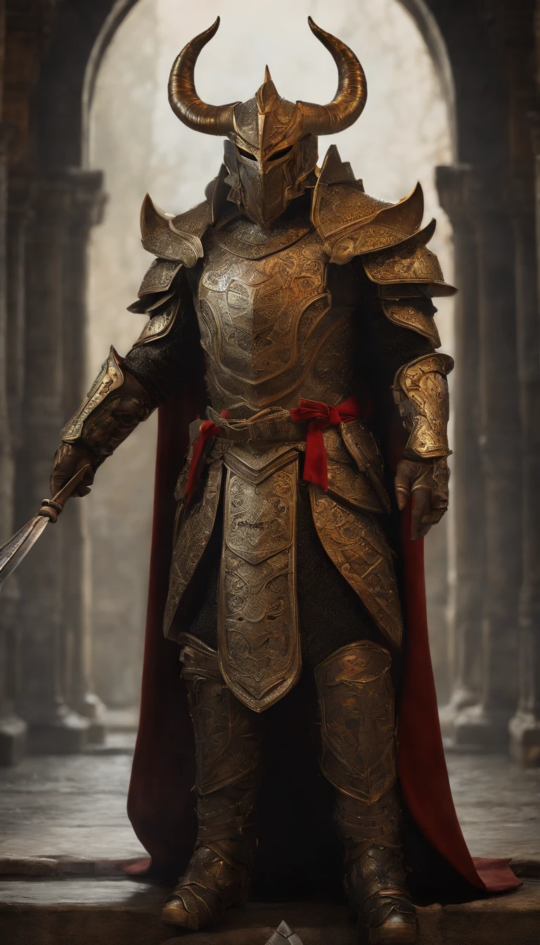 warriors, concept-art, author:An Iwakora, Fantasyart, Zen temple background, Clean rendering, a horned, Put on a suit of armor, Detailed bushido form smoke, helmet of a forgotten deity, character is standing, 8k photorealistic, in game rendering, Detailed facial background details, front page of art station, anthro bull, pseudo-medieval fantasy, God wearing koi armor, detailed bronze armor, Bronze armor, golden etched armor, Gold Obsidian Armor, Light gold armor, Gorgeous filigree armor, A demonic warrior, Gorgeous armor covered with thorns, Complex assassin armor, Complex metal armor, powerful warrior, Dressed in gorgeous golden armor,Decorated with intricate patterns, The helmet has a large crown and two horns,luminous red eyes, Everything is in the dark, The smoky background alludes to battle scenes, Adds an ominous atmosphere to the character,submission, Full body photo.