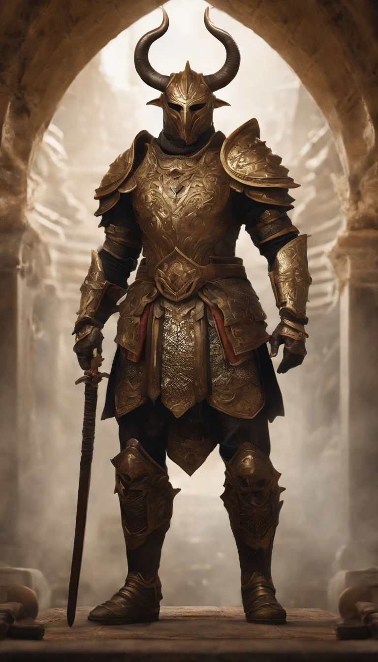 warriors, concept-art, author:An Iwakora, Fantasyart, Zen temple background, Clean rendering, a horned, Put on a suit of armor, Detailed bushido form smoke, helmet of a forgotten deity, character is standing, 8k photorealistic, in game rendering, Detailed facial background details, front page of art station, anthro bull, pseudo-medieval fantasy, God wearing koi armor, detailed bronze armor, Bronze armor, golden etched armor, Gold Obsidian Armor, Light gold armor, Gorgeous filigree armor, A demonic warrior, Gorgeous armor covered with thorns, Complex assassin armor, Complex metal armor, powerful warrior, Dressed in gorgeous golden armor,Decorated with intricate patterns, The helmet has a large crown and two horns,luminous red eyes, Everything is in the dark, The smoky background alludes to battle scenes, Adds an ominous atmosphere to the character,submission, Full body photo.