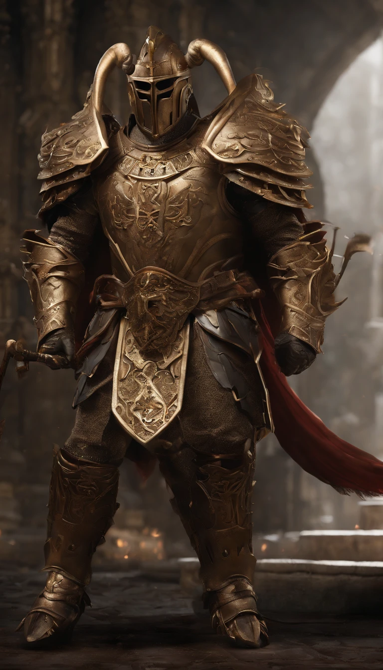 warriors, concept-art, author:An Iwakora, Fantasyart, Zen temple background, Clean rendering, a horned, Put on a suit of armor, Detailed bushido form smoke, helmet of a forgotten deity, character is standing, 8k photorealistic, in game rendering, Detailed facial background details, front page of art station, anthro bull, pseudo-medieval fantasy, God wearing koi armor, detailed bronze armor, Bronze armor, golden etched armor, Gold Obsidian Armor, Light gold armor, Gorgeous filigree armor, A demonic warrior, Gorgeous armor covered with thorns, Complex assassin armor, Complex metal armor, powerful warrior, Dressed in gorgeous golden armor,Decorated with intricate patterns, The helmet has a large crown and two horns,luminous red eyes, Everything is in the dark, The smoky background alludes to battle scenes, Adds an ominous atmosphere to the character,submission, Full body photo.