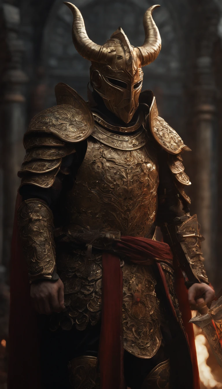 warriors, concept-art, author：An Iwakora, Fantasyart, Zen temple background, Clean rendering, a horned, Put on a suit of armor, Detailed bushido form smoke, helmet of a forgotten deity, character is standing, 8k photorealistic, in game rendering, Detailed facial background details, front page of art station, anthro bull, pseudo-medieval fantasy, God wearing koi armor, detailed bronze armor, Bronze armor, golden etched armor, Gold Obsidian Armor, Light gold armor, Gorgeous filigree armor, A demonic warrior, Gorgeous armor covered with thorns, Complex assassin armor, Complex metal armor, powerful warrior, Dressed in gorgeous golden armor，Decorated with intricate patterns, The helmet has a large crown and two horns,luminous red eyes， Everything is in the dark, The smoky background alludes to battle scenes, Adds an ominous atmosphere to the character，submission, Full body photo.
