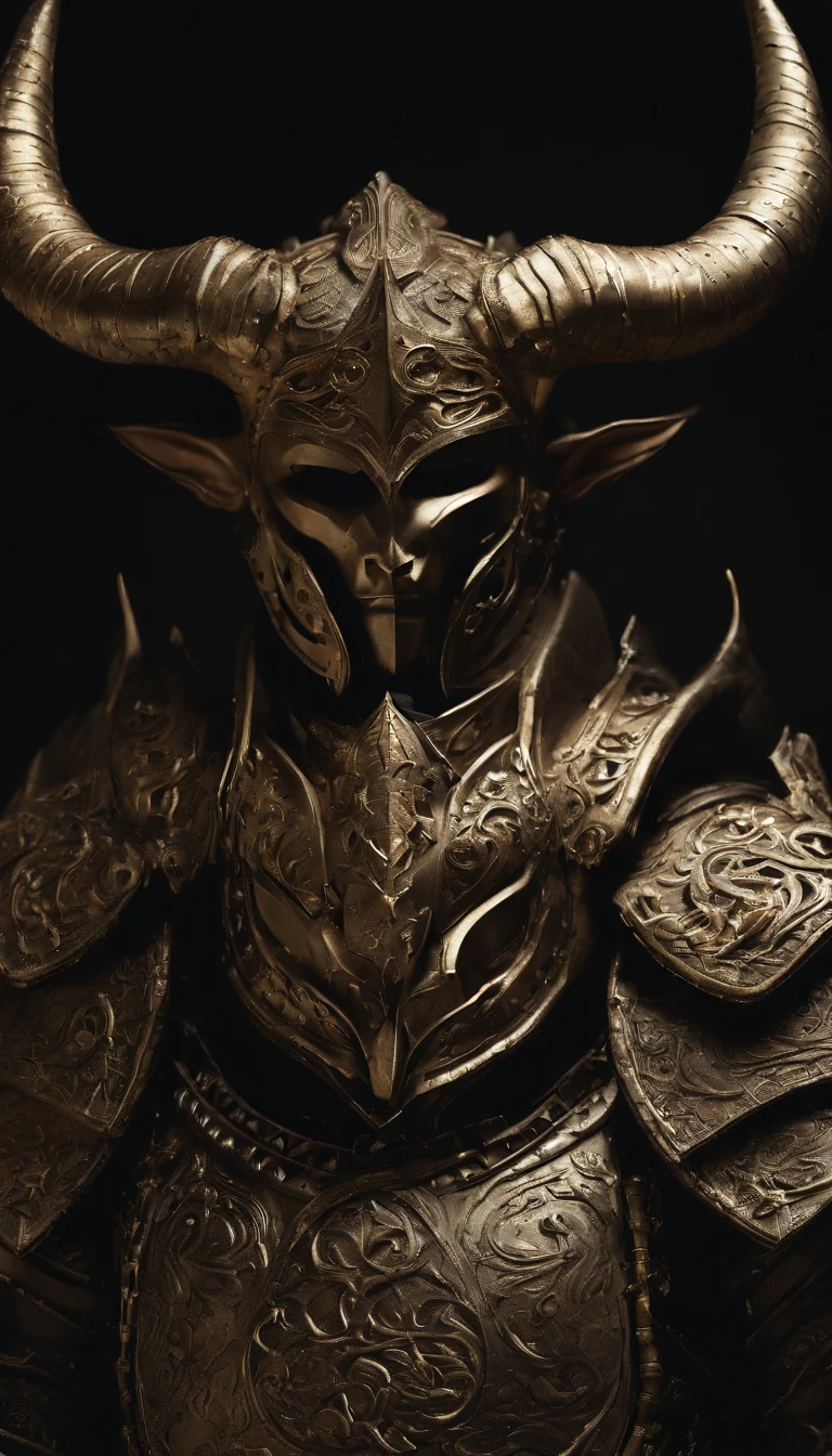 warriors, concept-art, author:An Iwakora, Fantasyart, Zen temple background, Clean rendering, a horned, Put on a suit of armor, Detailed bushido form smoke, helmet of a forgotten deity, character is standing, 8k photorealistic, in game rendering, Detailed facial background details, front page of art station, anthro bull, pseudo-medieval fantasy, God wearing koi armor, detailed bronze armor, Bronze armor, golden etched armor, Gold Obsidian Armor, Light gold armor, Gorgeous filigree armor, A demonic warrior, Gorgeous armor covered with thorns, Complex assassin armor, Complex metal armor, powerful warrior, Dressed in gorgeous golden armor,Decorated with intricate patterns, The helmet has a large crown and two horns,luminous red eyes, Everything is in the dark, The smoky background alludes to battle scenes, Adds an ominous atmosphere to the character,submission, Full body photo.