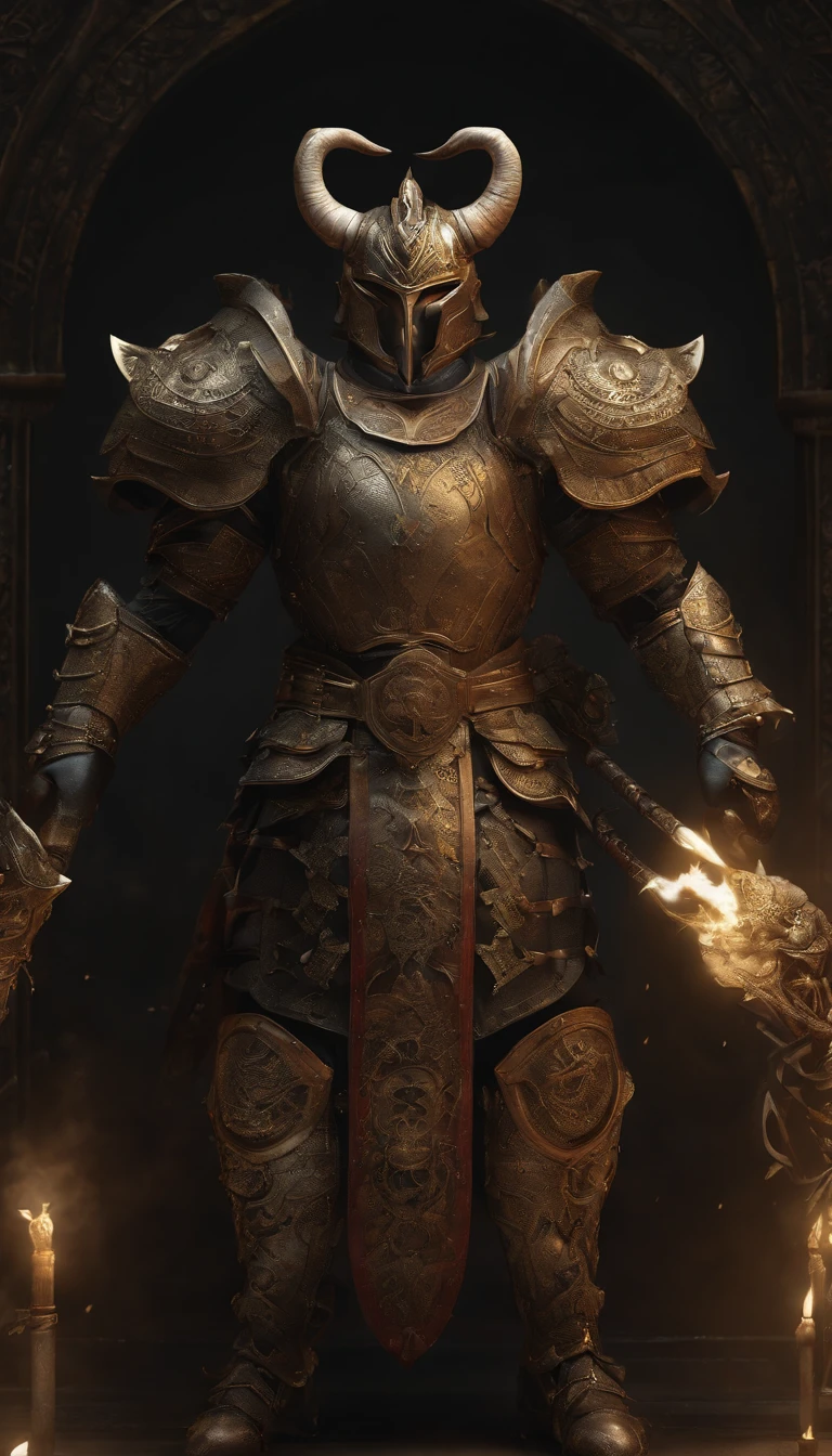 warriors, concept-art, author:An Iwakora, Fantasyart, Zen temple background, Clean rendering, a horned, Put on a suit of armor, Detailed bushido form smoke, helmet of a forgotten deity, character is standing, 8k photorealistic, in game rendering, Detailed facial background details, front page of art station, anthro bull, pseudo-medieval fantasy, God wearing koi armor, detailed bronze armor, Bronze armor, golden etched armor, Gold Obsidian Armor, Light gold armor, Gorgeous filigree armor, A demonic warrior, Gorgeous armor covered with thorns, Complex assassin armor, Complex metal armor, powerful warrior, Dressed in gorgeous golden armor,Decorated with intricate patterns, The helmet has a large crown and two horns,luminous red eyes, Everything is in the dark, The smoky background alludes to battle scenes, Adds an ominous atmosphere to the character,submission, Full body photo.