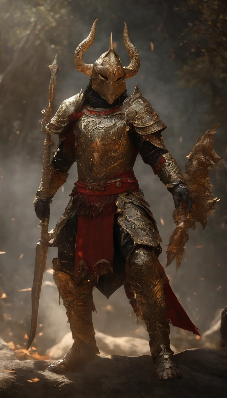warriors, concept-art, author：An Iwakora, Fantasyart, Zen temple background, Clean rendering, a horned, Put on a suit of armor, Detailed bushido form smoke, helmet of a forgotten deity, character is standing, 8k photorealistic, in game rendering, Detailed facial background details, front page of art station, anthro bull, pseudo-medieval fantasy, God wearing koi armor, detailed bronze armor, Bronze armor, golden etched armor, Gold Obsidian Armor, Light gold armor, Gorgeous filigree armor, A demonic warrior, Gorgeous armor covered with thorns, Complex assassin armor, Complex metal armor, powerful warrior, Dressed in gorgeous golden armor，Decorated with intricate patterns, The helmet has a large crown and two horns,luminous red eyes， Everything is in the dark, The smoky background alludes to battle scenes, Adds an ominous atmosphere to the character，submission, Full body photo.