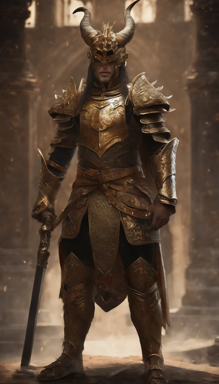 warriors, concept-art, author:An Iwakora, Fantasyart, Zen temple background, Clean rendering, a horned, Put on a suit of armor, Detailed bushido form smoke, helmet of a forgotten deity, character is standing, 8k photorealistic, in game rendering, Detailed facial background details, front page of art station, anthro bull, pseudo-medieval fantasy, God wearing koi armor, detailed bronze armor, Bronze armor, golden etched armor, Gold Obsidian Armor, Light gold armor, Gorgeous filigree armor, A demonic warrior, Gorgeous armor covered with thorns, Complex assassin armor, Complex metal armor, powerful warrior, Dressed in gorgeous golden armor,Decorated with intricate patterns, The helmet has a large crown and two horns,luminous red eyes, Everything is in the dark, The smoky background alludes to battle scenes, Adds an ominous atmosphere to the character,submission, Full body photo.