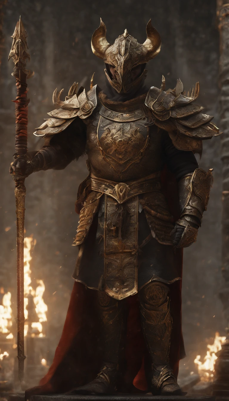 warriors, concept-art, author:An Iwakora, Fantasyart, Zen temple background, Clean rendering, a horned, Put on a suit of armor, Detailed bushido form smoke, helmet of a forgotten deity, character is standing, 8k photorealistic, in game rendering, Detailed facial background details, front page of art station, anthro bull, pseudo-medieval fantasy, God wearing koi armor, detailed bronze armor, Bronze armor, golden etched armor, Gold Obsidian Armor, Light gold armor, Gorgeous filigree armor, A demonic warrior, Gorgeous armor covered with thorns, Complex assassin armor, Complex metal armor, powerful warrior, Dressed in gorgeous golden armor,Decorated with intricate patterns, The helmet has a large crown and two horns,luminous red eyes, Everything is in the dark, The smoky background alludes to battle scenes, Adds an ominous atmosphere to the character,submission, Full body photo.
