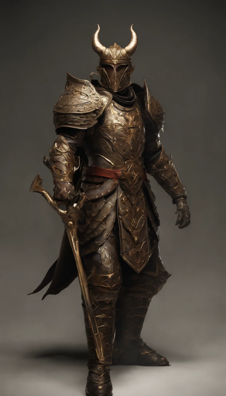 warriors, concept-art, author：An Iwakora, Fantasyart, Zen temple background, Clean rendering, a horned, Put on a suit of armor, Detailed bushido form smoke, helmet of a forgotten deity, character is standing, 8k photorealistic, in game rendering, Detailed facial background details, front page of art station, anthro bull, pseudo-medieval fantasy, God wearing koi armor, detailed bronze armor, Bronze armor, golden etched armor, Gold Obsidian Armor, Light gold armor, Gorgeous filigree armor, A demonic warrior, Gorgeous armor covered with thorns, Complex assassin armor, Complex metal armor, powerful warrior, Dressed in gorgeous golden armor，Decorated with intricate patterns, The helmet has a large crown and two horns,luminous red eyes， Everything is in the dark, The smoky background alludes to battle scenes, Adds an ominous atmosphere to the character，submission, Full body photo.