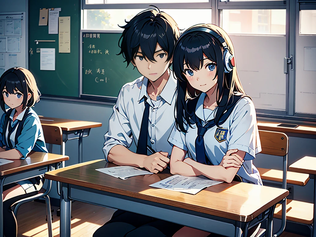 Girl expressionless and not smiling。Makoto Shinkai painting style。There is a boy and a girl in the classroom at night,They are campus lovers: A boy and a girl,The girl turns around and teaches the boy how to do questions,girl sitting next to boy'Front table,Strong sense of atmosphere,Sense of light and shadow,high school senior,modern day,Both people are sitting in their seats,There was no one else in the classroom。The boy is handsome and sunny,The girl is beautiful。Both of them showed their faces。Girls are cold,with headphones on,face expressionless,Hold your chin,Boy smiling and looking at girl。There are only two of them in the picture,no one else showed up。Pictures should be ultra high definition。