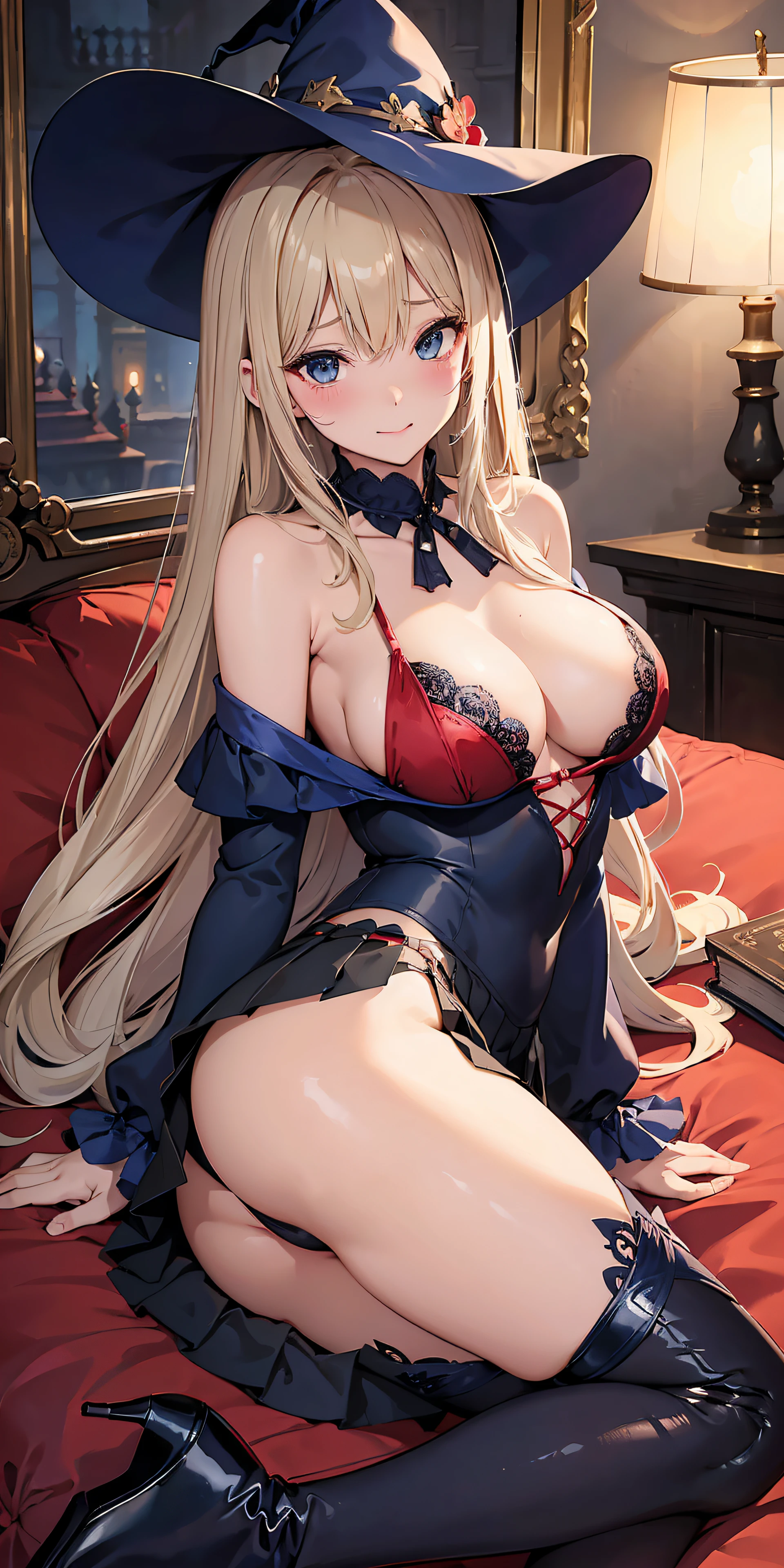 Adult Woman, Sexy Witch Cosplay, Long dark blonde wavy hair、off-shoulder knit, (darkblue pleated skirt), Medium milk, Blushing, Shy laughter, Bare shoulders、(Poses that emphasize breasts)、sexy hips、red lace brassiere、Red lace panties、Black High Heels、Luxurious magic wand and book、Lying on the sofa in the castle、sexy pose、((buttocks visible))、((embarassed expression))