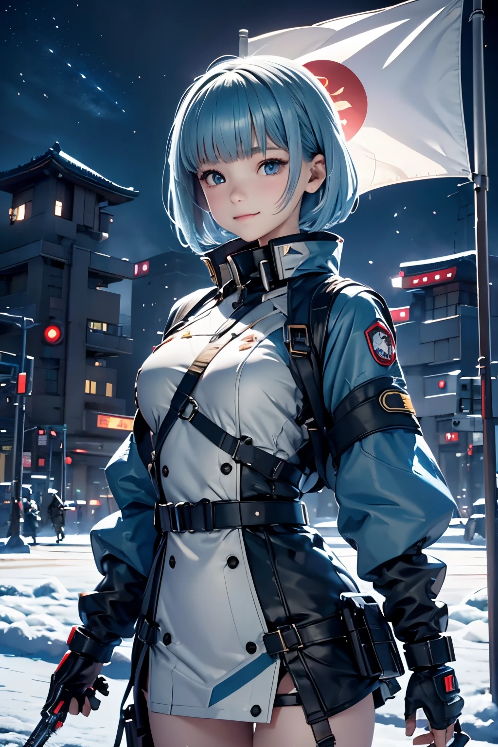 A futuristic world,a perfect illustration of artifical intelliengence,After 5143, 8K, Extremely detailed , flawless，hyperdetailed face，16-year-old girl，Eight-headed body，Silky light blue hair，Bitgirl，Background of the near future，During night combat，Smile，Dress Type，Wear a khaki troop jacket,Japan representative jacket、With flag patch、matrix、blade nana