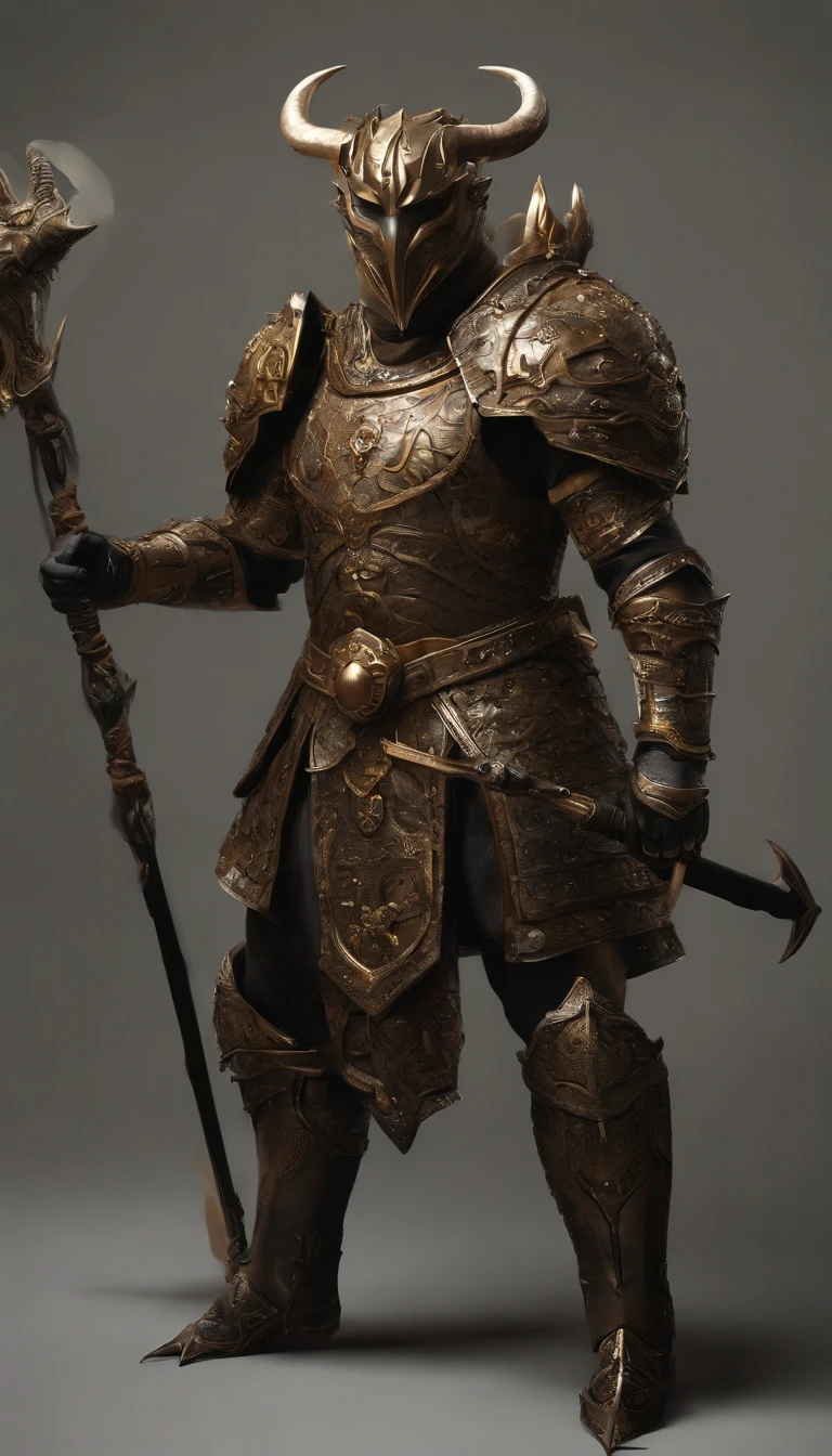 warriors, concept-art, author:An Iwakora, Fantasyart, Zen temple background, Clean rendering, a horned, Put on a suit of armor, Detailed bushido form smoke, helmet of a forgotten deity, character is standing, 8k photorealistic, in game rendering, Detailed facial background details, front page of art station, anthro bull, pseudo-medieval fantasy, God wearing koi armor, detailed bronze armor, Bronze armor, golden etched armor, Gold Obsidian Armor, Light gold armor, Gorgeous filigree armor, A demonic warrior, Gorgeous armor covered with thorns, Complex assassin armor, Complex metal armor, powerful warrior, Dressed in gorgeous golden armor,Decorated with intricate patterns, The helmet has a large crown and two horns,luminous red eyes, Everything is in the dark, The smoky background alludes to battle scenes, Adds an ominous atmosphere to the character,submission, Full body photo.