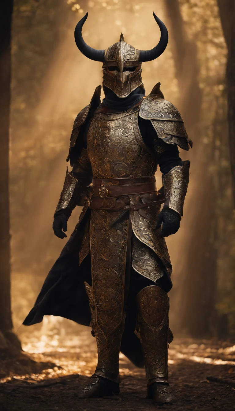 warriors, concept-art, author:An Iwakora, Fantasyart, Zen temple background, Clean rendering, a horned, Put on a suit of armor, Detailed bushido form smoke, helmet of a forgotten deity, character is standing, 8k photorealistic, in game rendering, Detailed facial background details, front page of art station, anthro bull, pseudo-medieval fantasy, God wearing koi armor, detailed bronze armor, Bronze armor, golden etched armor, Gold Obsidian Armor, Light gold armor, Gorgeous filigree armor, A demonic warrior, Gorgeous armor covered with thorns, Complex assassin armor, Complex metal armor, powerful warrior, Dressed in gorgeous golden armor,Decorated with intricate patterns, The helmet has a large crown and two horns,luminous red eyes, Everything is in the dark, The smoky background alludes to battle scenes, Adds an ominous atmosphere to the character,submission, Full body photo.