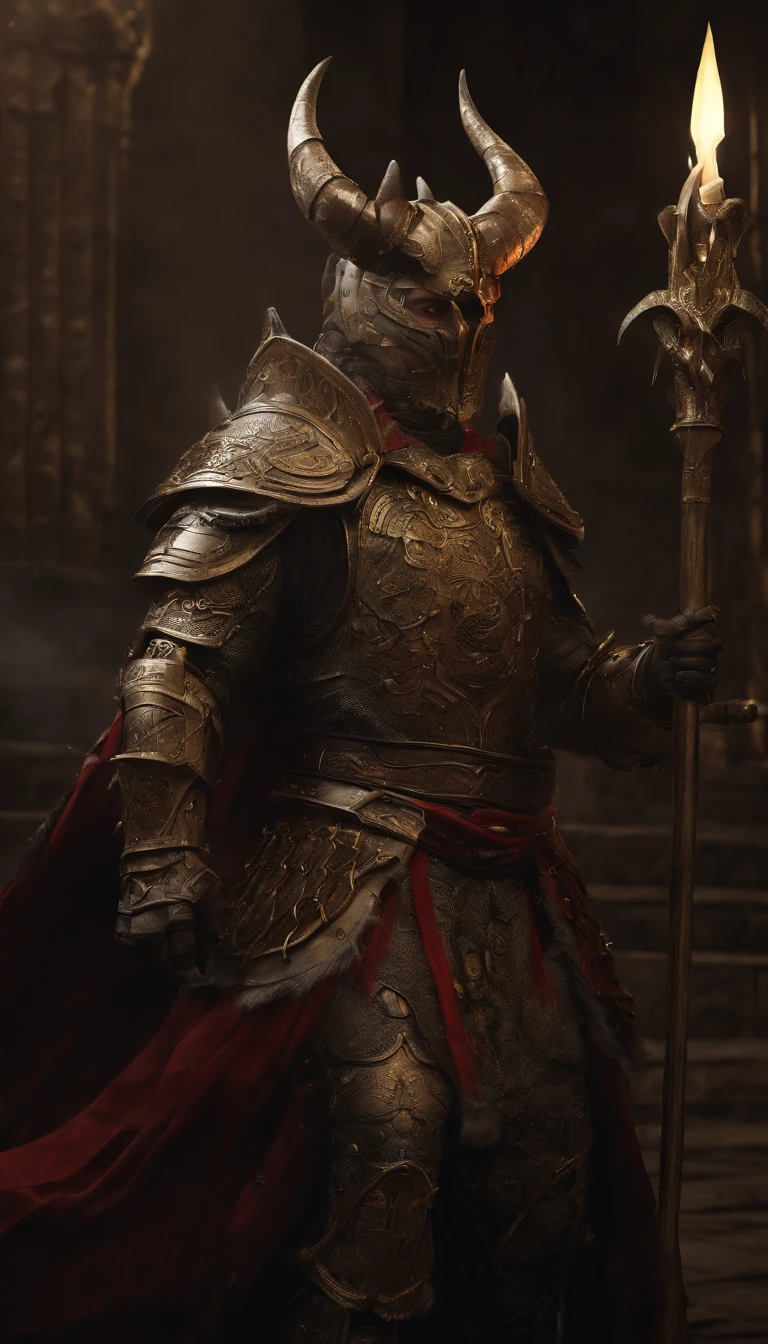warriors, concept-art, author:An Iwakora, Fantasyart, Zen temple background, Clean rendering, a horned, Put on a suit of armor, Detailed bushido form smoke, helmet of a forgotten deity, character is standing, 8k photorealistic, in game rendering, Detailed facial background details, front page of art station, anthro bull, pseudo-medieval fantasy, God wearing koi armor, detailed bronze armor, Bronze armor, golden etched armor, Gold Obsidian Armor, Light gold armor, Gorgeous filigree armor, A demonic warrior, Gorgeous armor covered with thorns, Complex assassin armor, Complex metal armor, powerful warrior, Dressed in gorgeous golden armor,Decorated with intricate patterns, The helmet has a large crown and two horns,luminous red eyes, Everything is in the dark, The smoky background alludes to battle scenes, Adds an ominous atmosphere to the character,submission, Full body photo.