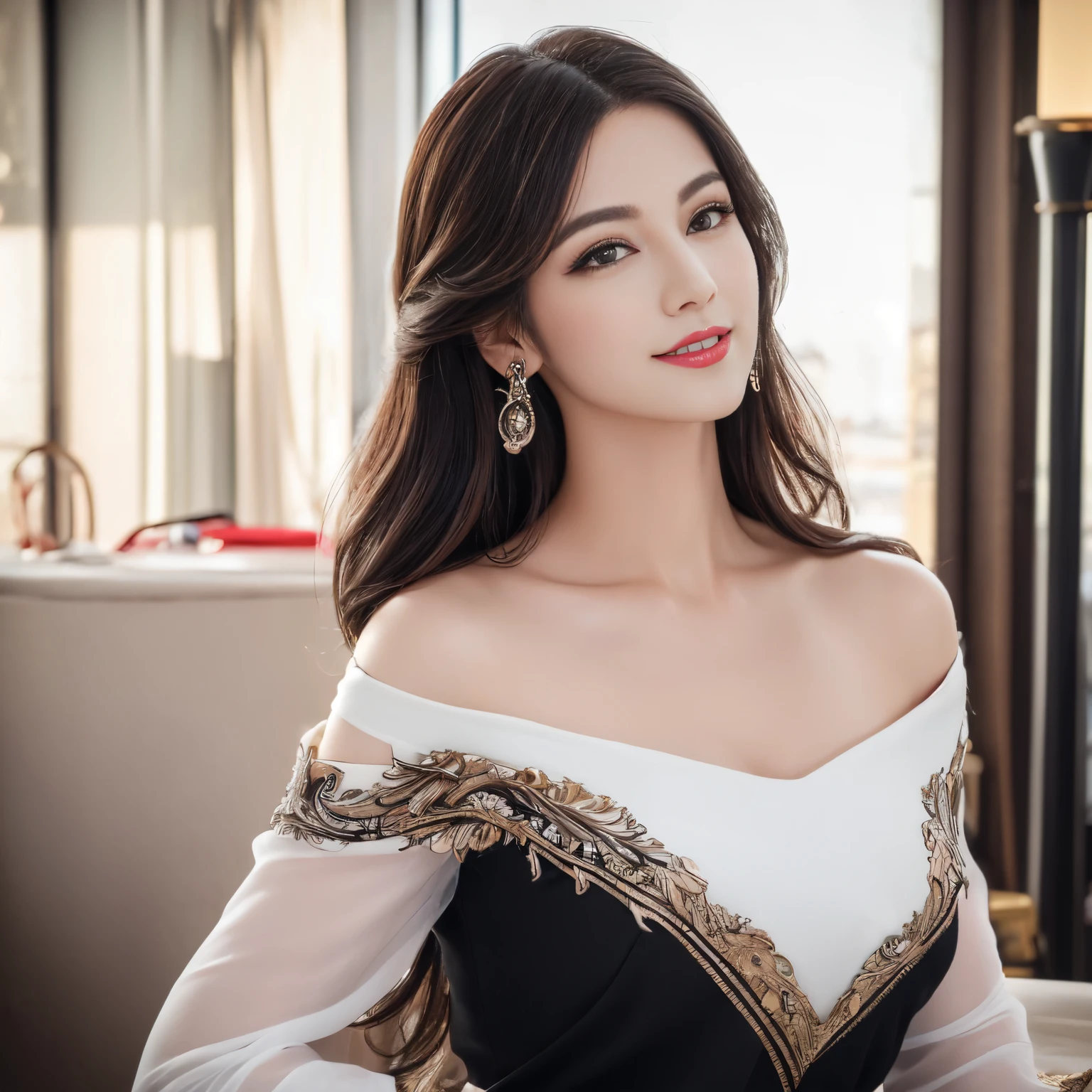 ((top-quality、8K、masterpiece:1.3))、extremely delicate and beautiful girl,realisticlying,Incredibly absurd,abstract art,From waist to shoulders,catch,extra detailed body,Short Black Hong Kong Style Hair,,Floating hair,light brown hair,Vitone Hair,beautiful fine hair,Exquisite and beautiful face,浅笑,Clear eyes, Black colored eyes,Neck_bow ribbon,frilld_Dress,beautiful and clear background,Beautiful sky,full bloom,very precise details,absurderes,extremely CG,((A sexy mature girl:1.5))、Thick lip、Crimson Lip Gloss、eye make up、((40 years:1.5))、Sweaters、Parisian café scene、Sunset sky、A smile、facing front
