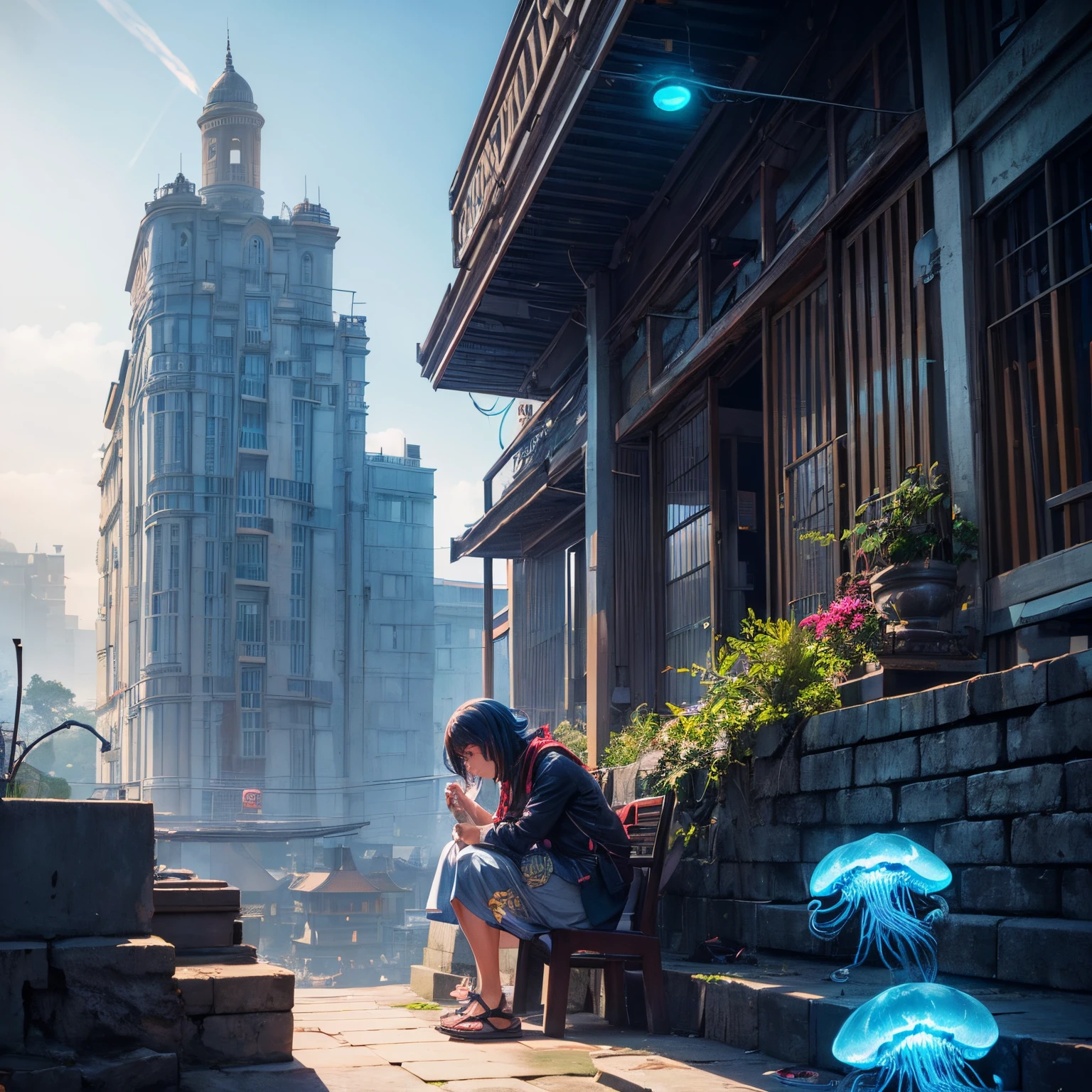 (((Yogyakarta))), java, indonesia, people, day, jelly fish, neon, mith, story, extremely details CG, Cinematographic, ((ultra wide )), Gloomy atmosphere, central city, vegetation, cinematic,In the daytime, skyline,outdoors, blue sky, sunlight