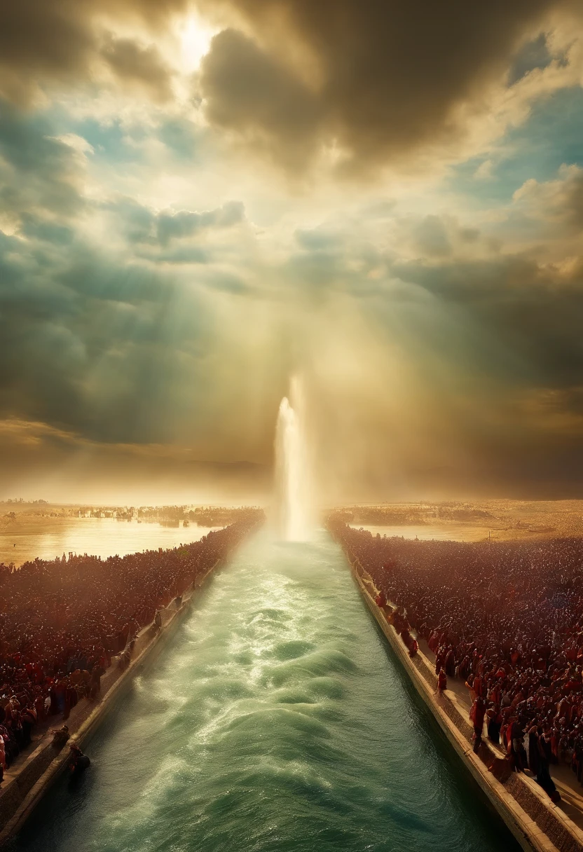 The Exodus of Moses、600,000 people々There are huge walls of water on both sides.、.、A large crowd passes between walls of water