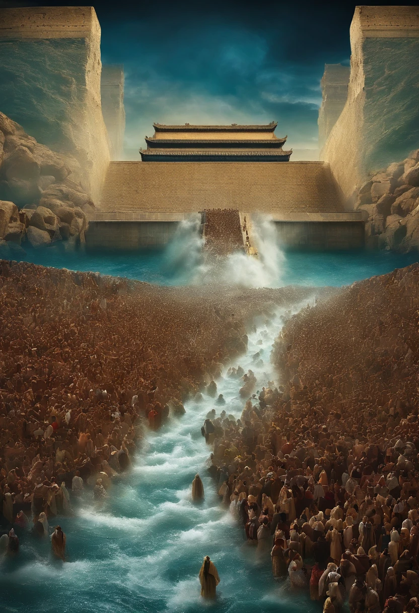 The Exodus of Moses、600,000 people々There are huge walls of water on both sides.、.、A large crowd passes between walls of water