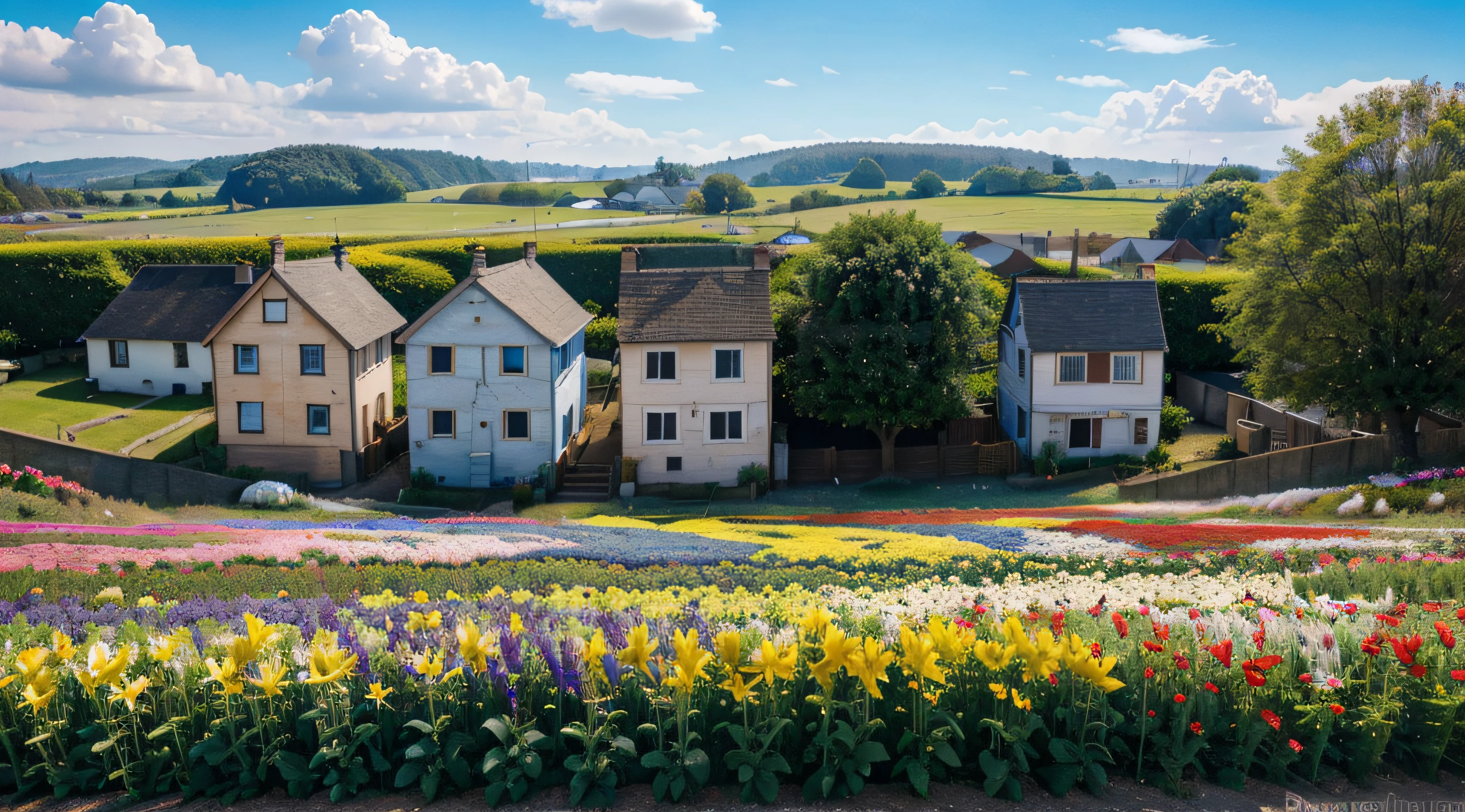 flowers field, colorful flowers, small buildings in the background, beautiful blue sky, beautiful sunlight, colorful artwork, distant view, amazing scenery, amazing visuals, beautiful artwork, ultrasharp, masterpiece, high res, 8k