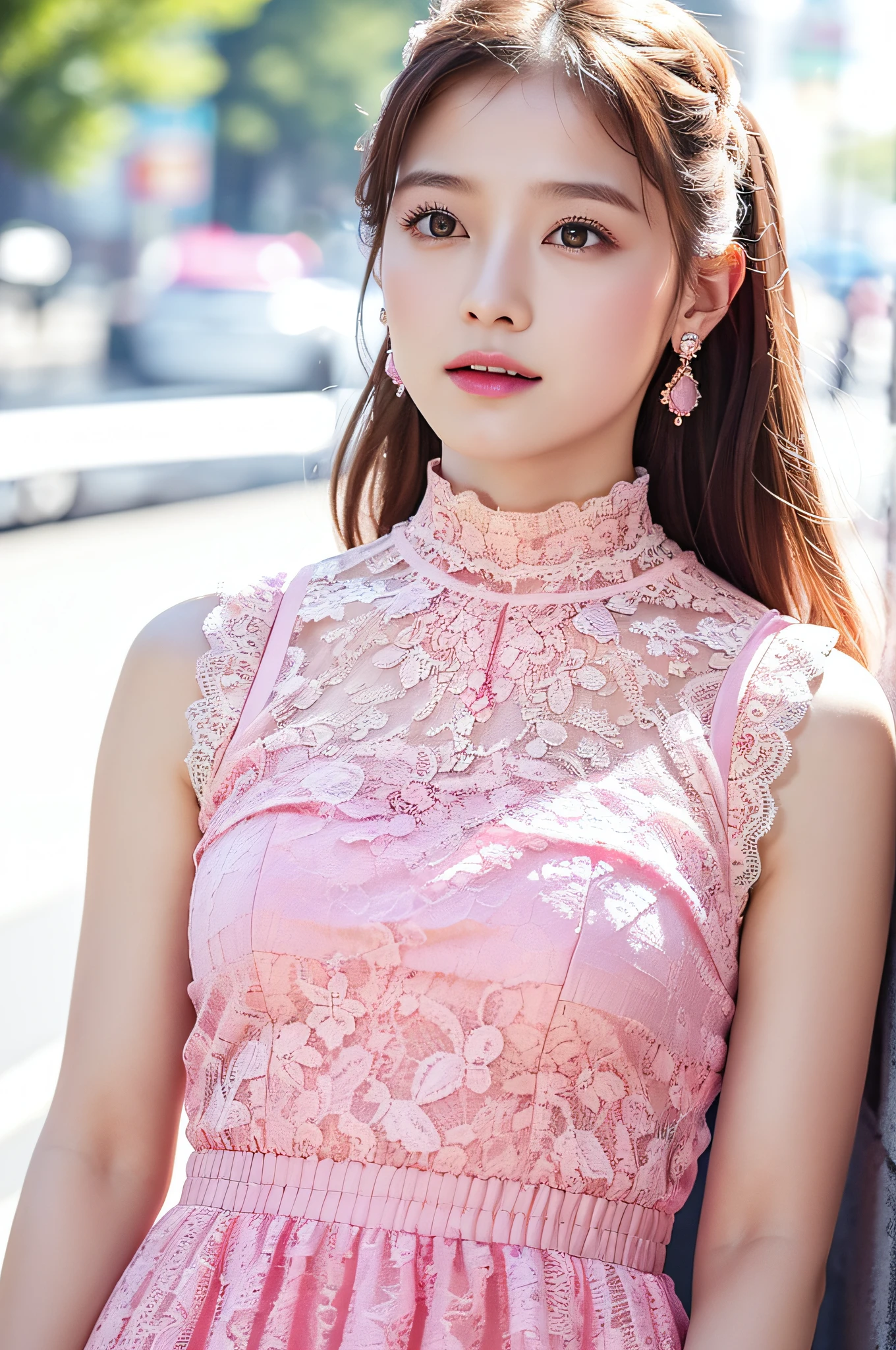 a woman posing on the street corner with pink dress on, best quality, high res, 8k, 1girl, (huge breasts), day, bright, outdoor, (street:0.8), (people, crowds:1), (lace-trimmed dress:1.5, pink clothes:1.5, pink high-neck dress:1.5, sleeveless dress, pink dress: 1.5), gorgeous, (medium hair), beautiful detailed sky, beautiful earrings, (dynamic pose:0.8), (upper body:1.2), soft lighting, wind, shiny skin, looking at viewer,