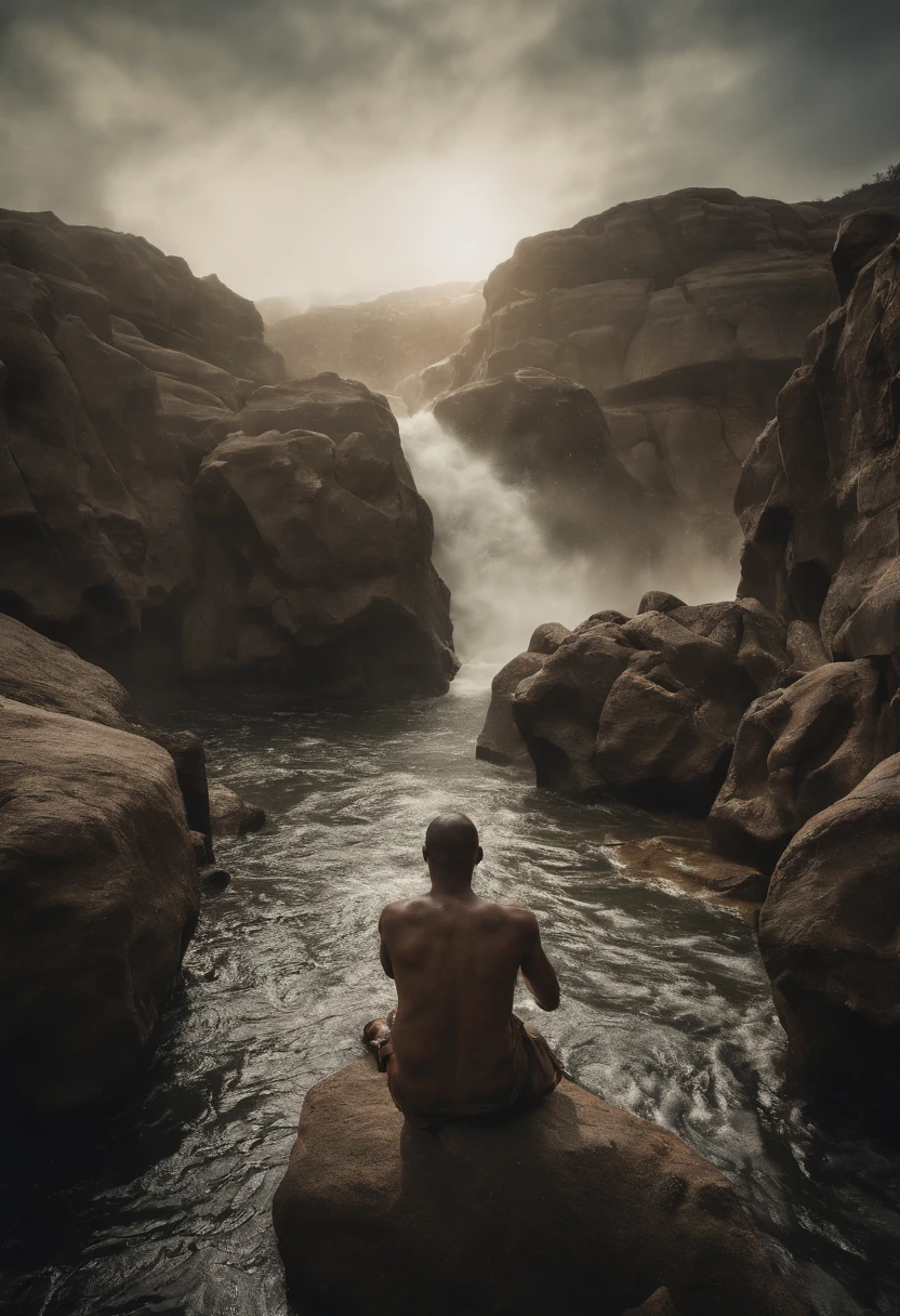 Um homem nu,se banhando em uma cachoeira,sem blusa,de cueca