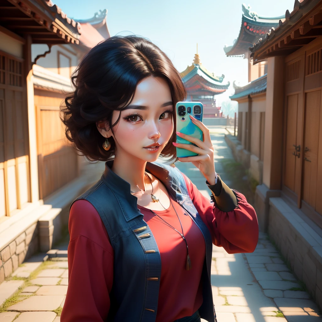3d pixar style, fantasy korean background, korean palace background, mulher ocidental de 36 anos, mulher branca cabelo longo castanho acinzentado, cabelos longos ondulados, selfie de mulher em uma varanda coreana, 3D Disney Pixar Estilo, imagem frontal, imagem de alta qualidade, bela fantasia, luz do dia