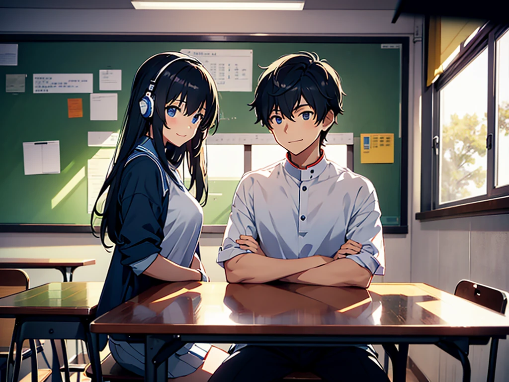 There is only one man and one woman in the picture。The girl was expressionless，Without smiling。Makoto Shinkai painting style。There is a boy and a girl in the classroom at night，They are campus lovers: A boy and a girl，The girl turns around and teaches the boy how to do questions，girl sitting next to boy&#39;Front table，Strong sense of atmosphere，Sense of light and shadow，high school senior，modern day，Both people are sitting in their seats，There was no one else in the classroom。The boy is handsome and sunny，The girl is beautiful。Both of them showed their faces。Girls are cold，with headphones on，face expressionless，Hold your chin，Boy smiling and looking at girl。There are only two of them in the picture，no one else showed up。Pictures should be ultra high definition。