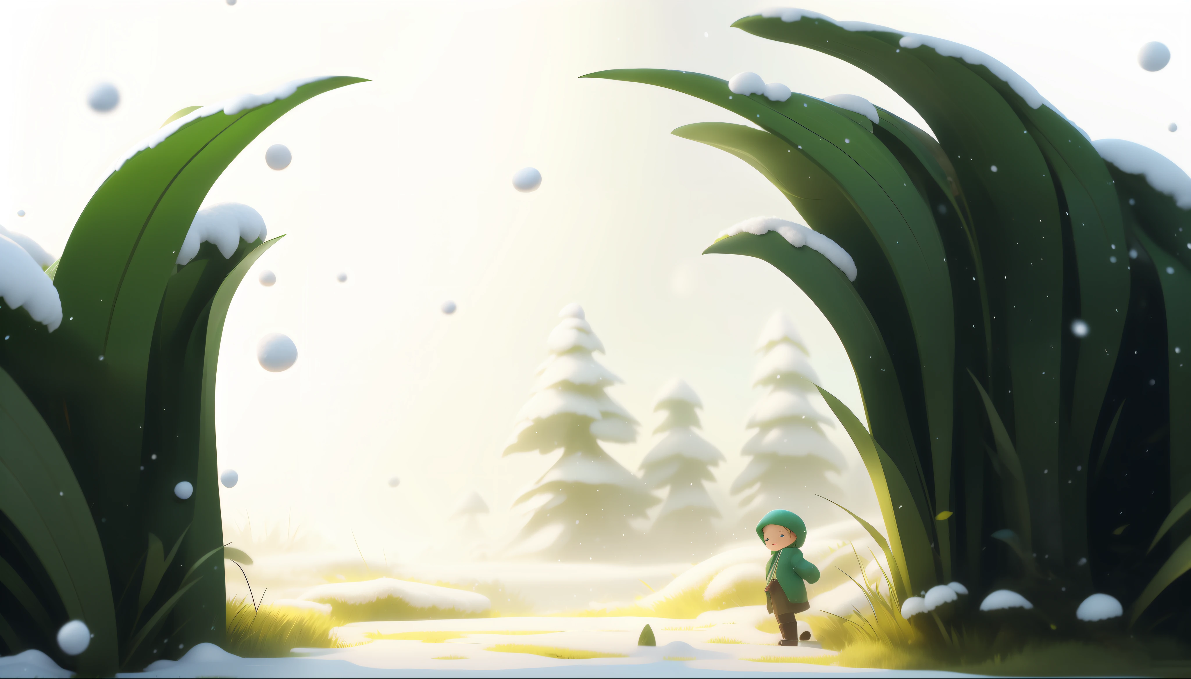 snow piled on blades of grass,snow landscape,snowflower,nevando,green leaves in snow,Huge leaves,Yuki,microcosm