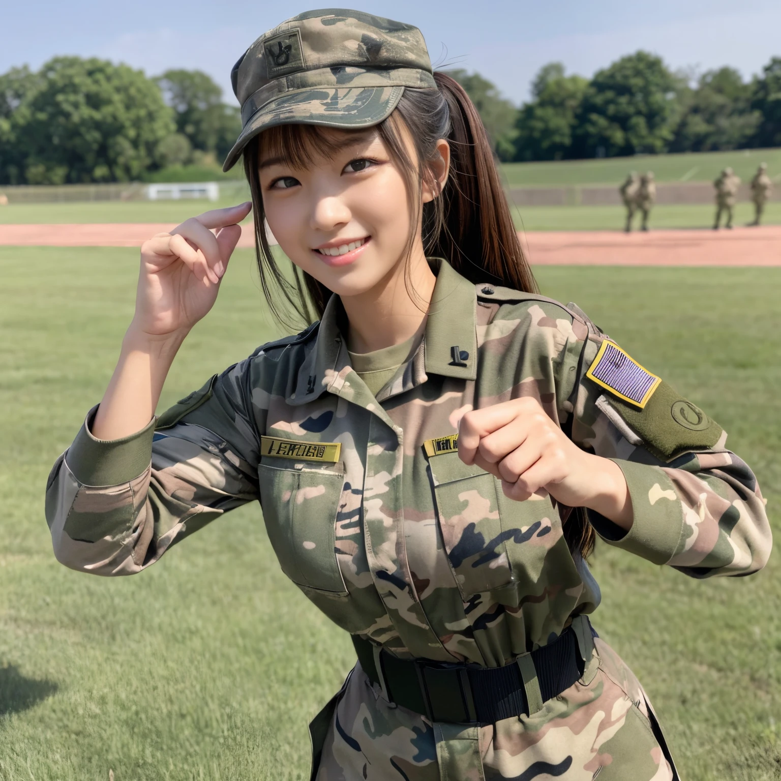((Best Quality, masutepiece, 超A high resolution、The most complex and detailed depictions))、1 female Ground Self-Defense Force member、Self-Defense Force Uniforms、perfect self-defense uniform、Camouflage pattern clothing、Photographing from the waist up、Perfect camera gaze、huge smile、A detailed face、Perfectly reproduce the detailed details of the Self-Defense Forces、perfect army background、The background is an outdoor training ground for the Self-Defense Forces.、perfect arms、perfect fingers