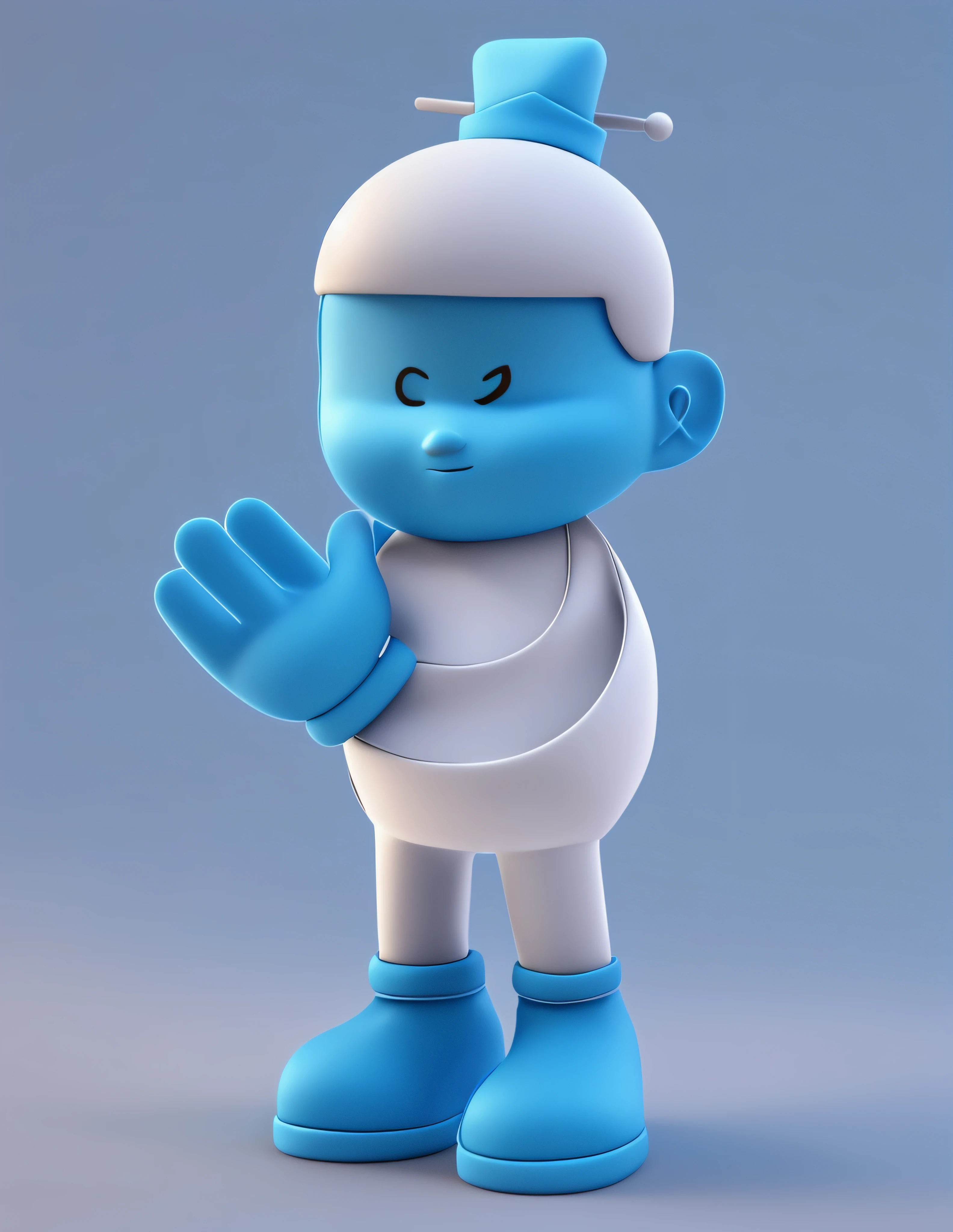 There is a cartoon character wearing a hat and gloves, character is standing, minimalist cartoon style, full body mascot, 5 fingers, Blue body, Blue hat, Animated characters, stylized characters, animation style rendering, 3D stylization, arnold maya render, stylized 3d render, Cartoon rendering key shots, 3D characters, 3D characters, stylized 3d render, 3D character rendering, cartoon character, Close-up characters, Character pose, (pixar-style) (The main part:1.2) (bokeh) (Best quality) (delicate skin) (Detailed texture) (8K) (clay) (电影灯光) (sharp focus information)