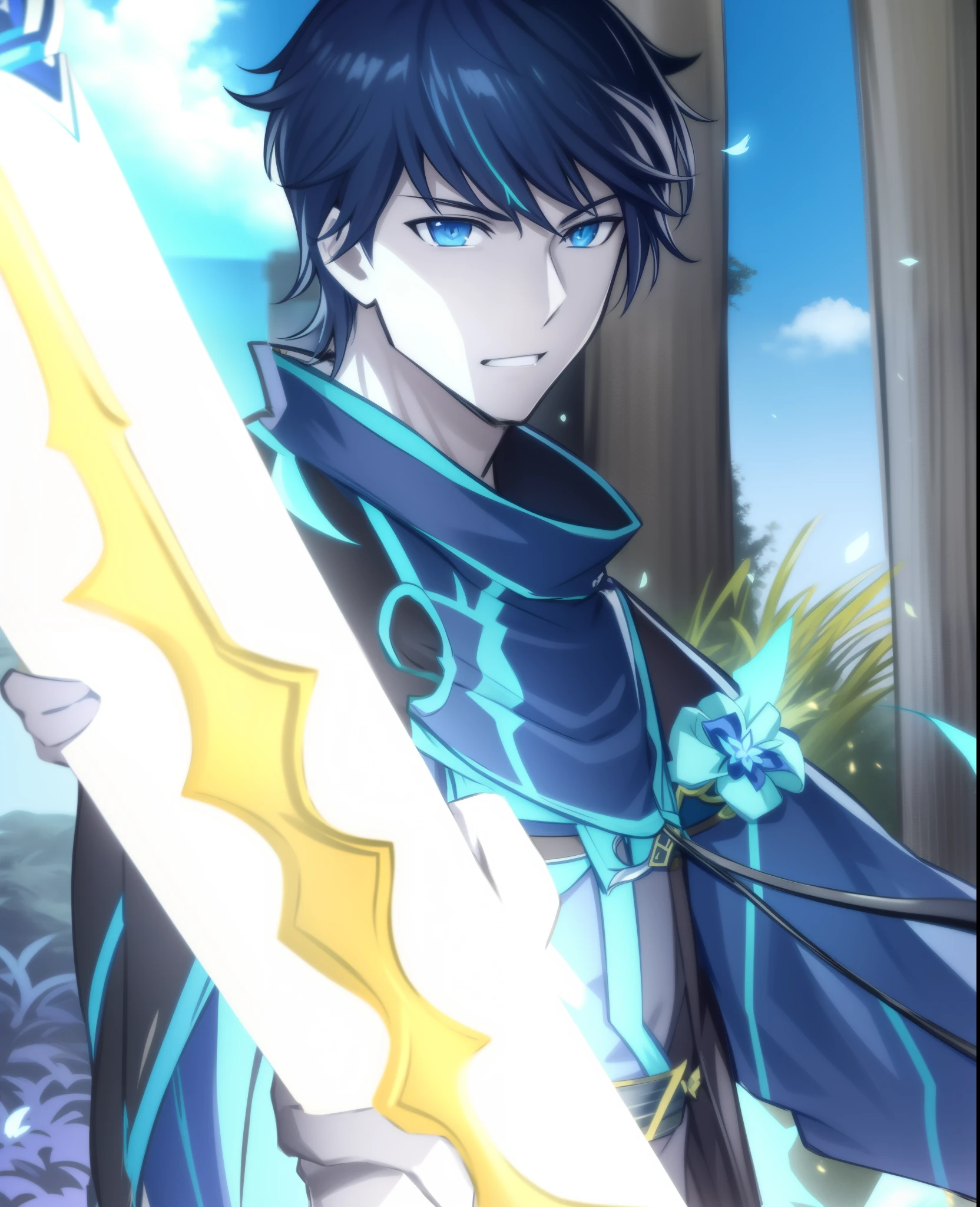 anime - style image of a man with a sword in his hand, cara bonito na arte demon slayer, Heise Jinyao, Masamune Shiro, cara de anime alto com olhos azuis, Keqing de Genshin Impact, Arte Oficial, Isekai, xianxia hero, hijikata toushirou, hero 2 d fanart artsation, Masamune