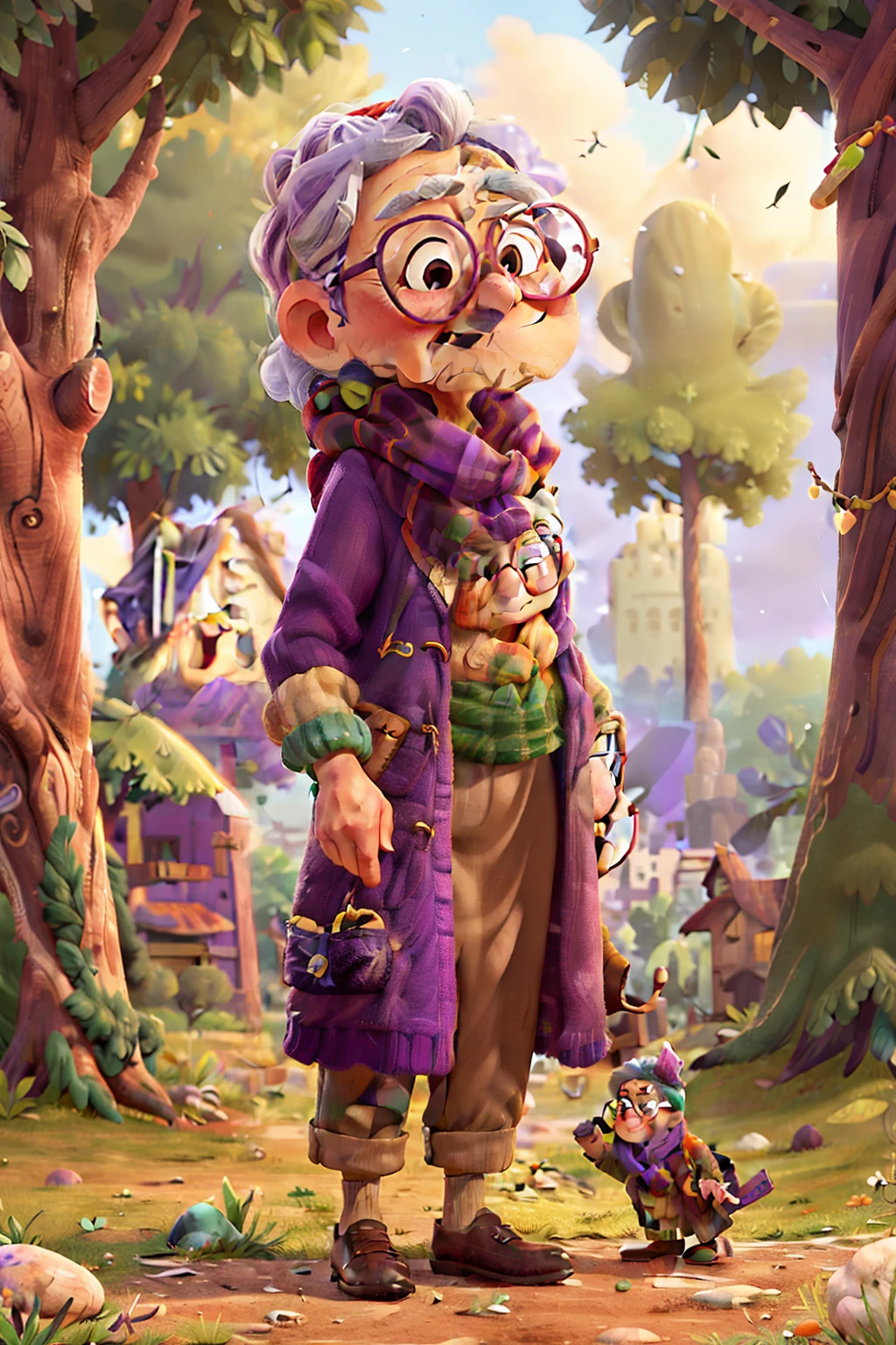 masterpiece, best quality, an old woman with glasses and a scarf on, wearing a purple coat and green scarf, standing at the park