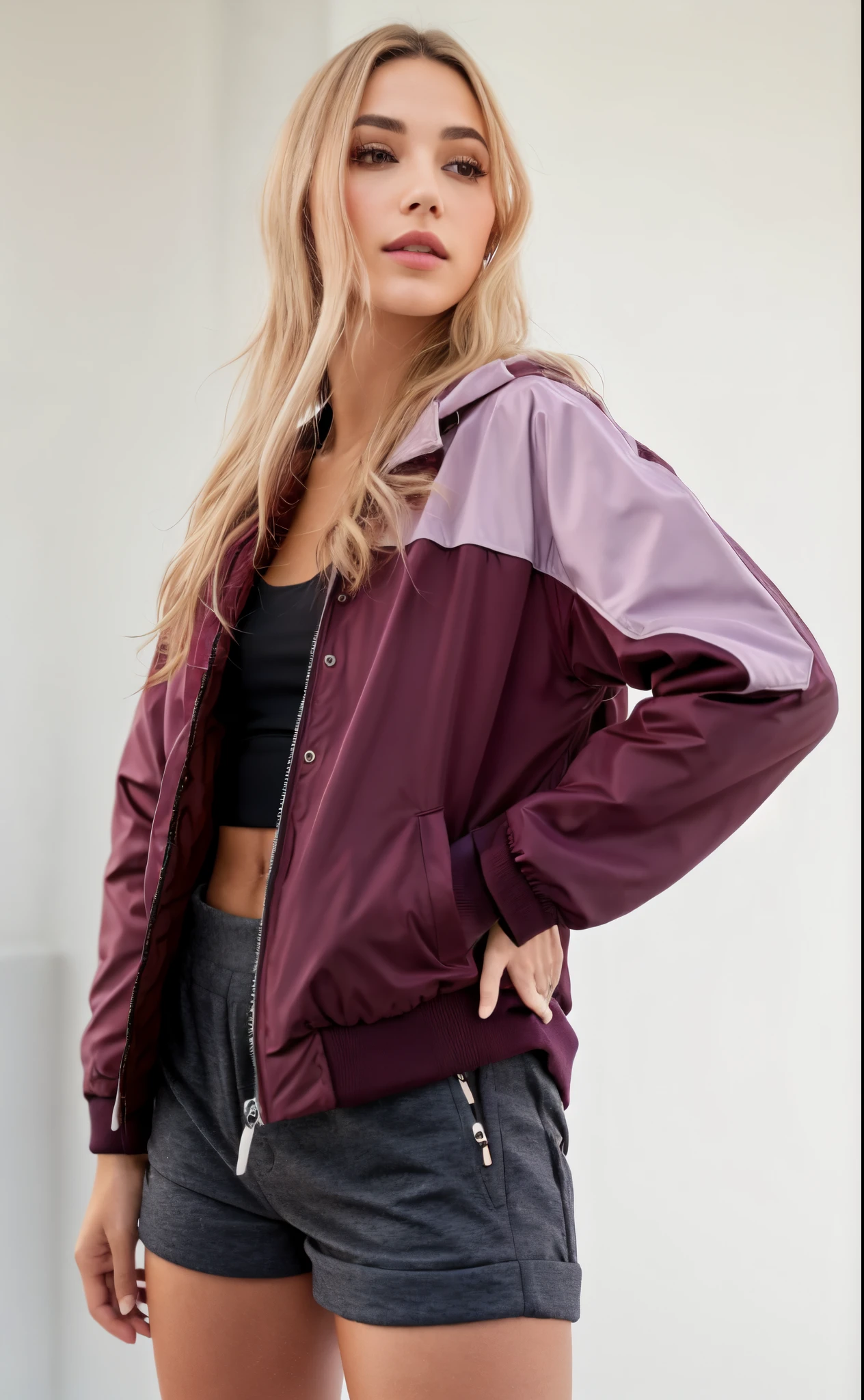 A woman in a black top and shorts is posing for a photo, suit jacket, jaqueta vermelha, jaqueta bomber, jaqueta preta e vermelha, encapuzado, wearing jacket, jaqueta curta, vestindo uma jaqueta bomber, jaqueta esportiva, Foto de perfil, jaqueta sobre tronco nu, jaqueta vermelha legal, Purple jacket, roupas esportivas, dois - tom, Hodie Mihi Cras Tibi