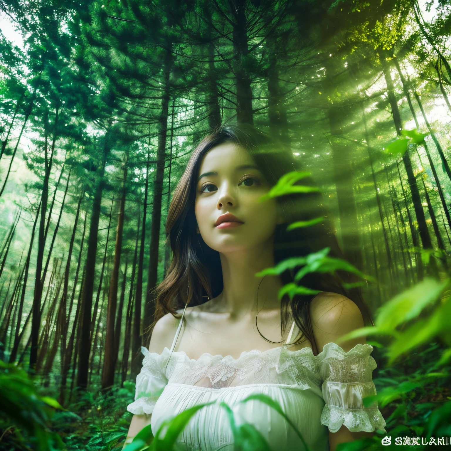 Double Exposure, forest, Beautiful girl busty Gravure Idol
