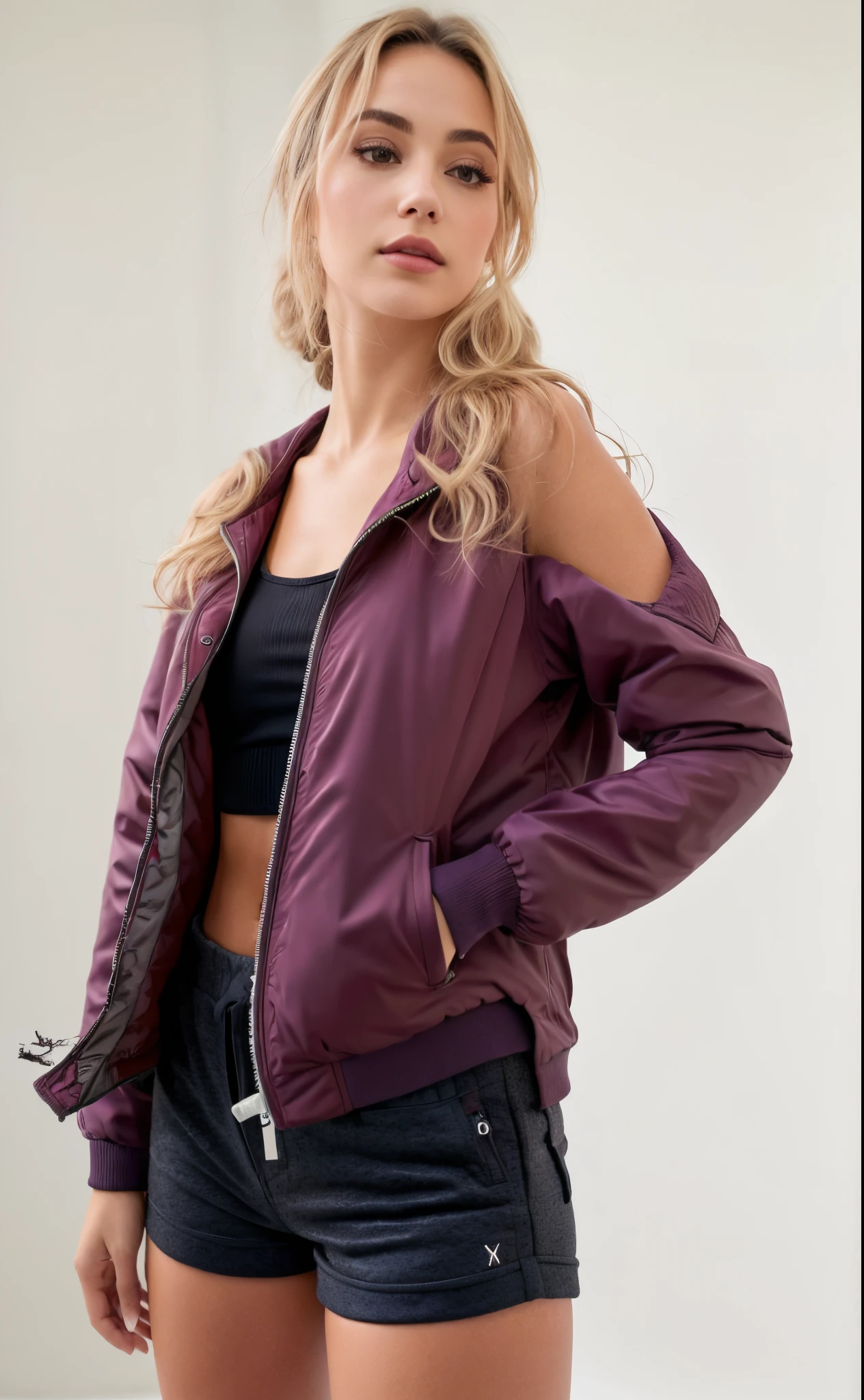 A woman in a black top and shorts is posing for a photo, suit jacket, jaqueta vermelha, jaqueta bomber, jaqueta preta e vermelha, encapuzado, wearing jacket, jaqueta curta, vestindo uma jaqueta bomber, jaqueta esportiva, Foto de perfil, jaqueta sobre tronco nu, jaqueta vermelha legal, Purple jacket, roupas esportivas, dois - tom, Hodie Mihi Cras Tibi