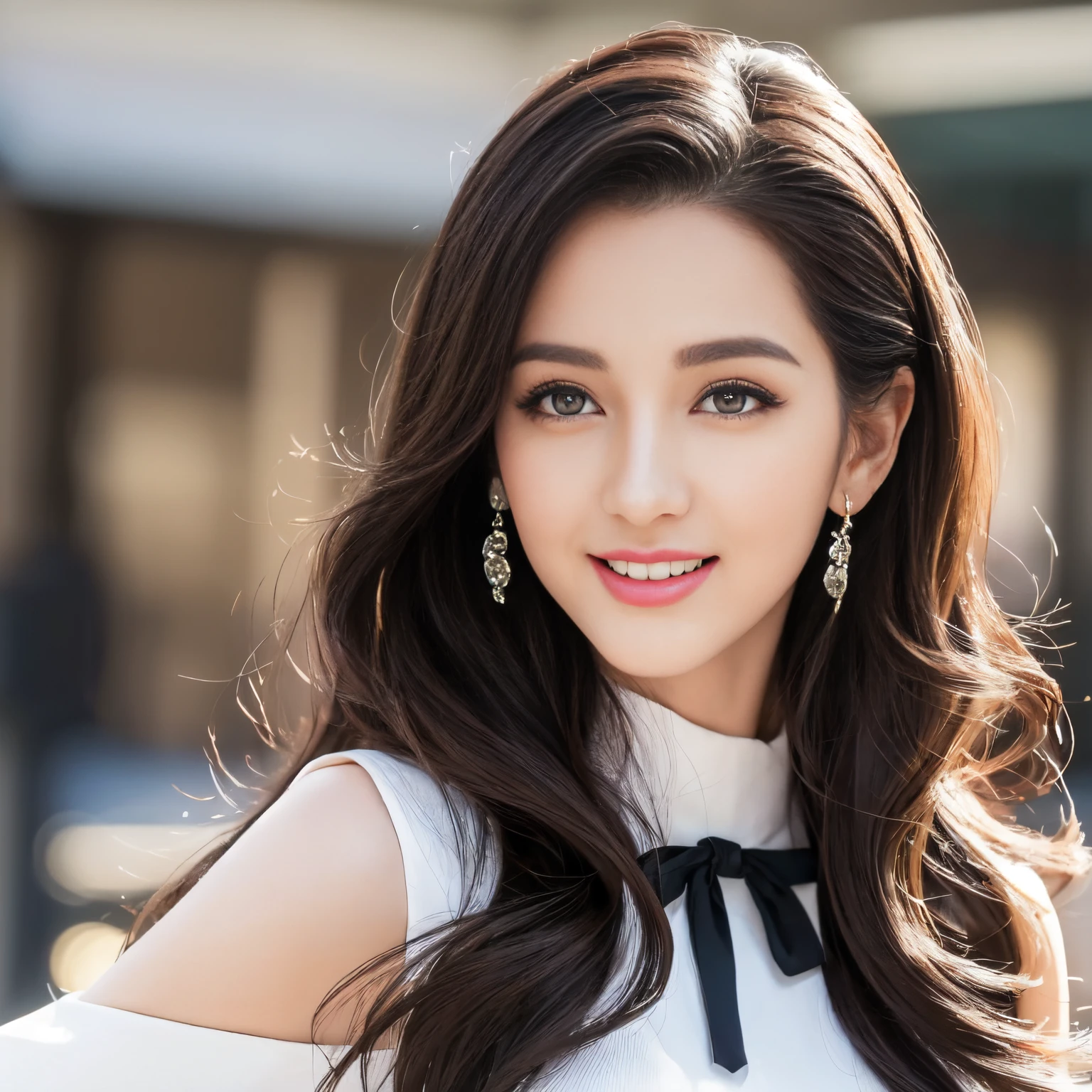 ((top-quality、8K、masterpiece:1.3))、extremely delicate and beautiful girl,realisticlying,Incredibly absurd,abstract art,From waist to shoulders,catch,extra detailed body,Short Black Hong Kong Style Hair,,Floating hair,light brown hair,Vitone Hair,beautiful fine hair,Exquisite and beautiful face,浅笑,Clear eyes, Black colored eyes,Neck_bow ribbon,frilld_Dress,beautiful and clear background,Beautiful sky,full bloom,very precise details,absurderes,extremely CG,((A sexy mature girl:1.5))、Thick lip、Crimson Lip Gloss、eye make up、((40 years:1.5))、Sweaters、Parisian café scene、Sunset sky、A smile、facing front