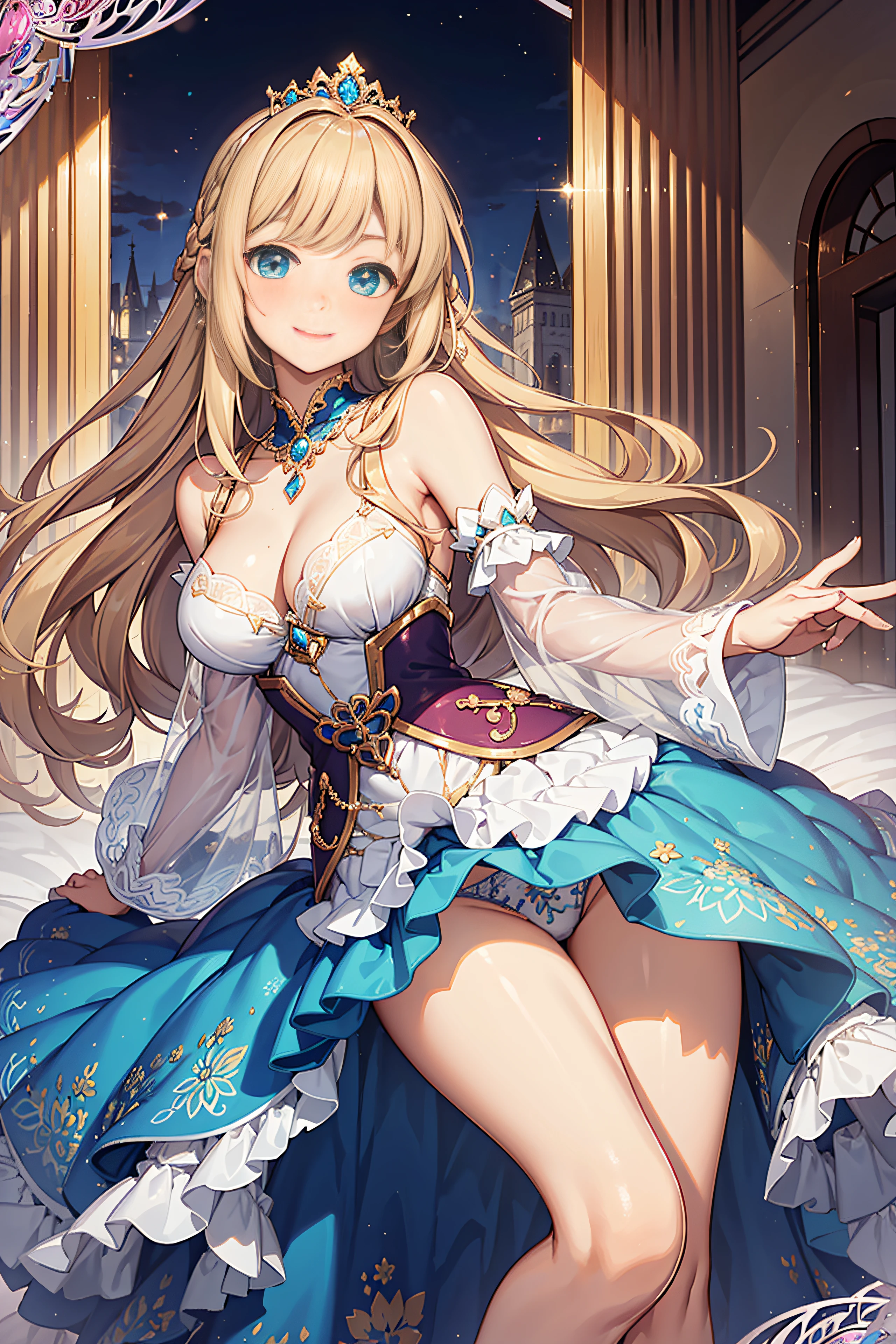 25-year-old female、Enchanting smile、Being in love,Medium chest、Pose Seductive,(brightly patterned princess dress:1.2),Dark-blonde hair,e Blue Eyes,maximalism,Multi-layered delicate frills,Lots of races,(Delicate pattern:1.1),(exquisite costumes:1.1),(Yellow-white tone),Princess Crown,see-through transparent clothes,beautifull detailed face,Bedroom scene in Western mythology,the night,solo person,flowing skirt,Lace,(shine:1.2), (Best Quality), (masutepiece:1.2),、Pose with emphasis on the buttocks、Pink lace panties