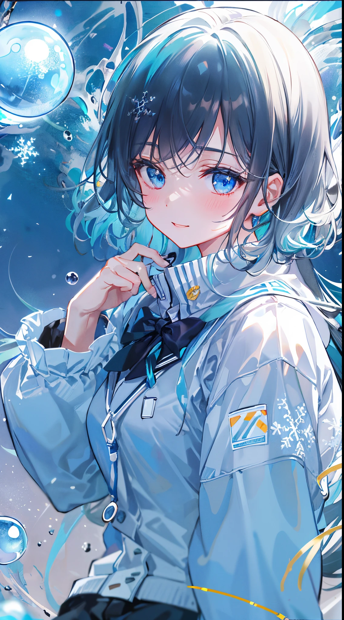 ((top-quality)), ((masterpiece)), ((ultra-detailliert)), (Extremely delicate and beautiful), girl with, 独奏, cold attitude,((Black jacket)),She is very(relax)with the(Settled down)Looks,A dark-haired, depth of fields,Evil smile,Bubble, under the water, Air bubble,bright light blue eyes,inner color with bright gray hair and light blue tips,,,,,,,,,,,Cold background,Shorthair、Bob Hair - Linear Art, shortpants、knee high socks、White uniform like school uniform、Light blue ribbon ties、Clothes are sheer、Hands in pockets、Bright eyes like sapphire,Fronllesse Blue, A small blue light was floating、Upper Eyes、glass shards、Snowflake eyes、fantastic eyes