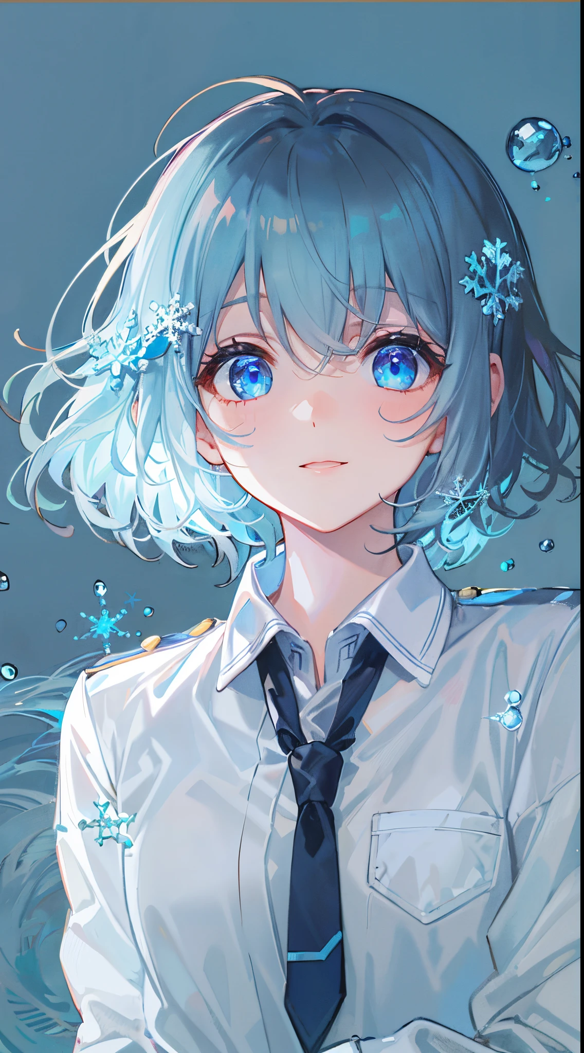 ((top-quality)), ((masterpiece)), ((ultra-detailliert)), (Extremely delicate and beautiful), girl with, 独奏, cold attitude,((Black jacket)),She is very(relax)with the(Settled down)Looks,A dark-haired, depth of fields,Evil smile,Bubble, under the water, Air bubble,bright light blue eyes,inner color with bright gray hair and light blue tips,,,,,,,,,,,Cold background,Shorthair、Bob Hair - Linear Art, shortpants、knee high socks、White uniform like school uniform、Light blue ribbon ties、Clothes are sheer、Hands in pockets、Bright eyes like sapphire,Fronllesse Blue, A small blue light was floating、Upper Eyes、glass shards、Snowflake eyes、fantastic eyes