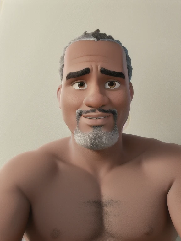 there is a South American man with brown skin, a goatee mixing gray and black, short shaved hair and no shirt, Homem de 4 0 anos, Disney pixar style