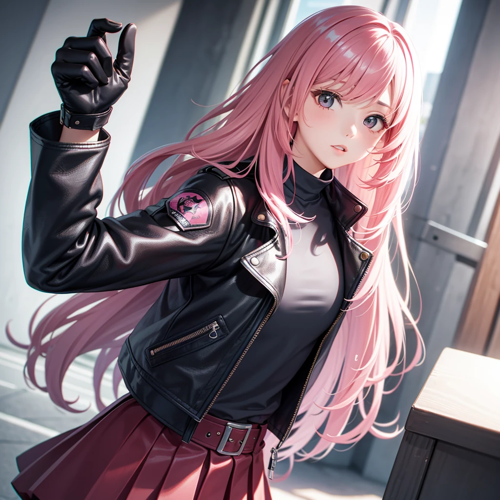 Girl Wearing Leather Jacket Over School Uniform Top Quality Masterpiece Beauty Pink Hair Long Hair