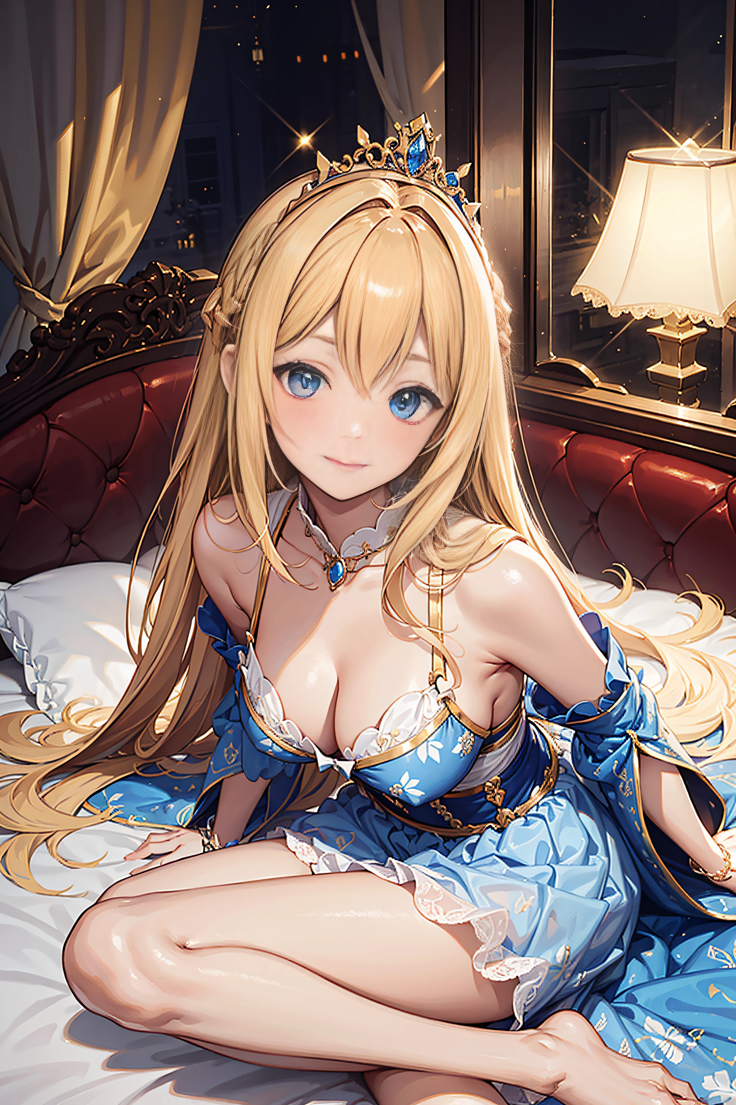 25-year-old female、seducting smile、Medium chest、Pose Seductive,(brightly patterned princess dress:1.2),Dark-blonde hair,e Blue Eyes,maximalism,Multi-layered delicate frills,Lots of races,(Delicate pattern:1.1),(exquisite costumes:1.1),(Yellow-white tone),Princess Crown,see-through transparent clothes,beautifull detailed face,Bedroom scene in Western mythology,the night,solo person,flowing skirt,Lace,(shine:1.2), (Best Quality), (masutepiece:1.2),、Pose with emphasis on the buttocks、Pink lace panties、lyin in bed、hiding breast