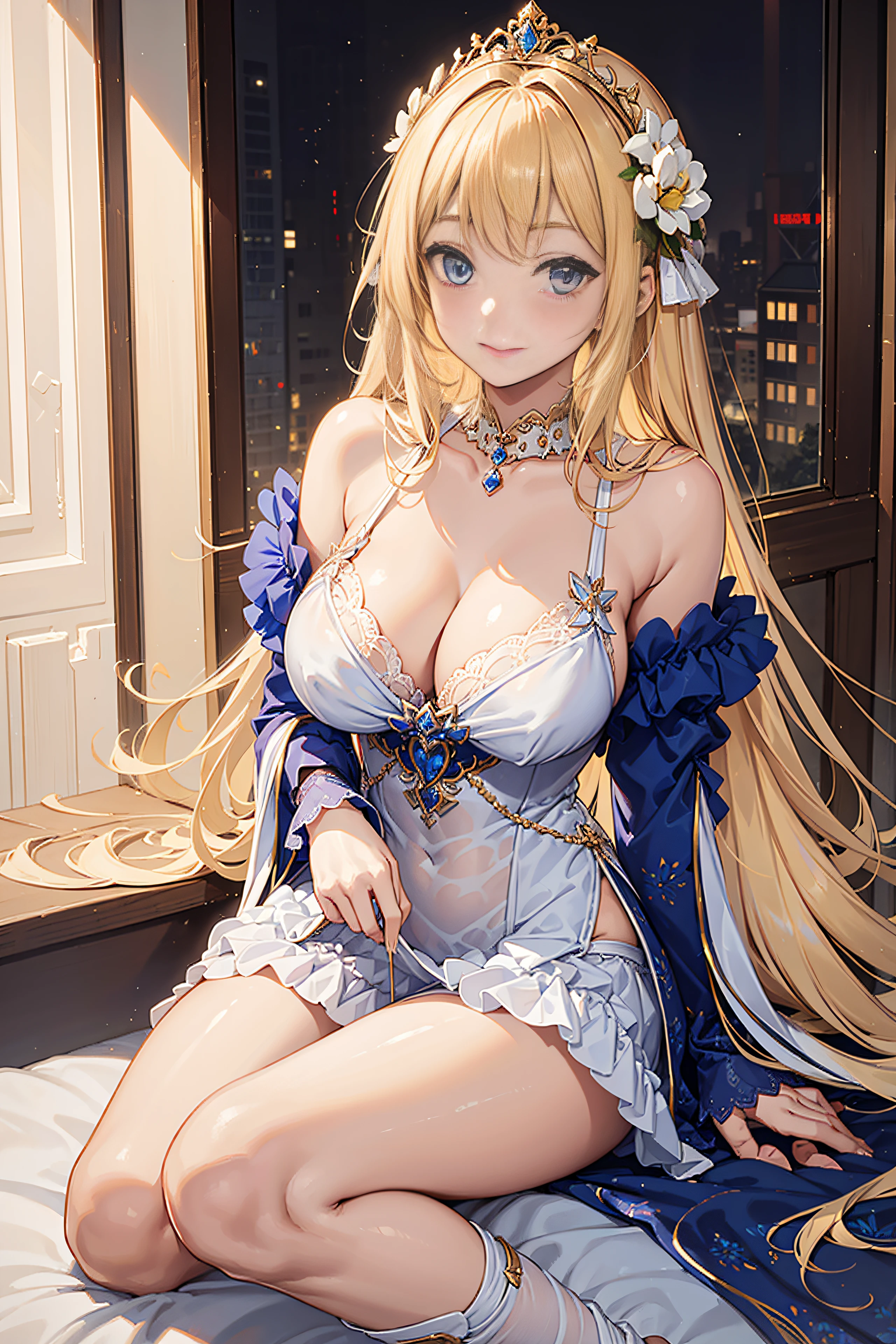 25-year-old female、seducting smile、Medium chest、Pose Seductive,(brightly patterned princess dress:1.2),Dark-blonde hair,e Blue Eyes,maximalism,Multi-layered delicate frills,Lots of races,(Delicate pattern:1.1),(exquisite costumes:1.1),(Yellow-white tone),Princess Crown,see-through transparent clothes,beautifull detailed face,Bedroom scene in Western mythology,the night,solo person,flowing skirt,Lace,(shine:1.2), (Best Quality), (masutepiece:1.2),、Pose with emphasis on the buttocks、Pink lace panties、lyin in bed、hiding breast