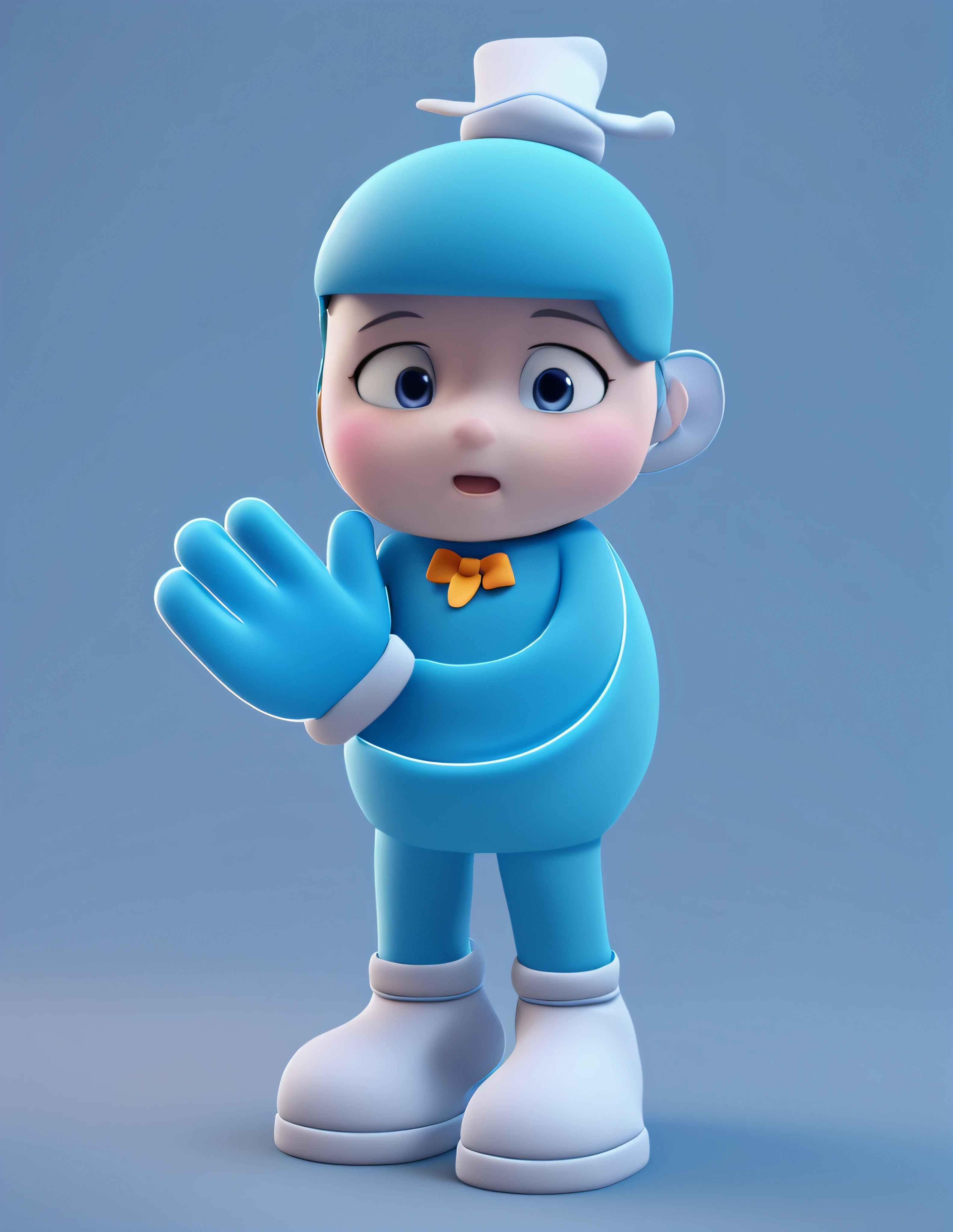 There is a cartoon character wearing a hat and gloves, character is standing, minimalist cartoon style, full body mascot, 5 fingers, (((3D arm)), ((blue arm))), (((blue arm)), Blue body, Blue hat, Animated characters, stylized characters, animation style rendering, 3D stylization, arnold maya render, stylized 3d render, Cartoon rendering key shots, 3D characters, 3D characters, stylized 3d render, 3D character rendering, cartoon character, Close-up characters, Character pose, (pixar-style) (The main part:1.2) (bokeh) (Best quality) (delicate skin) (Detailed texture) (8K) (clay) (电影灯光) (sharp focus information)