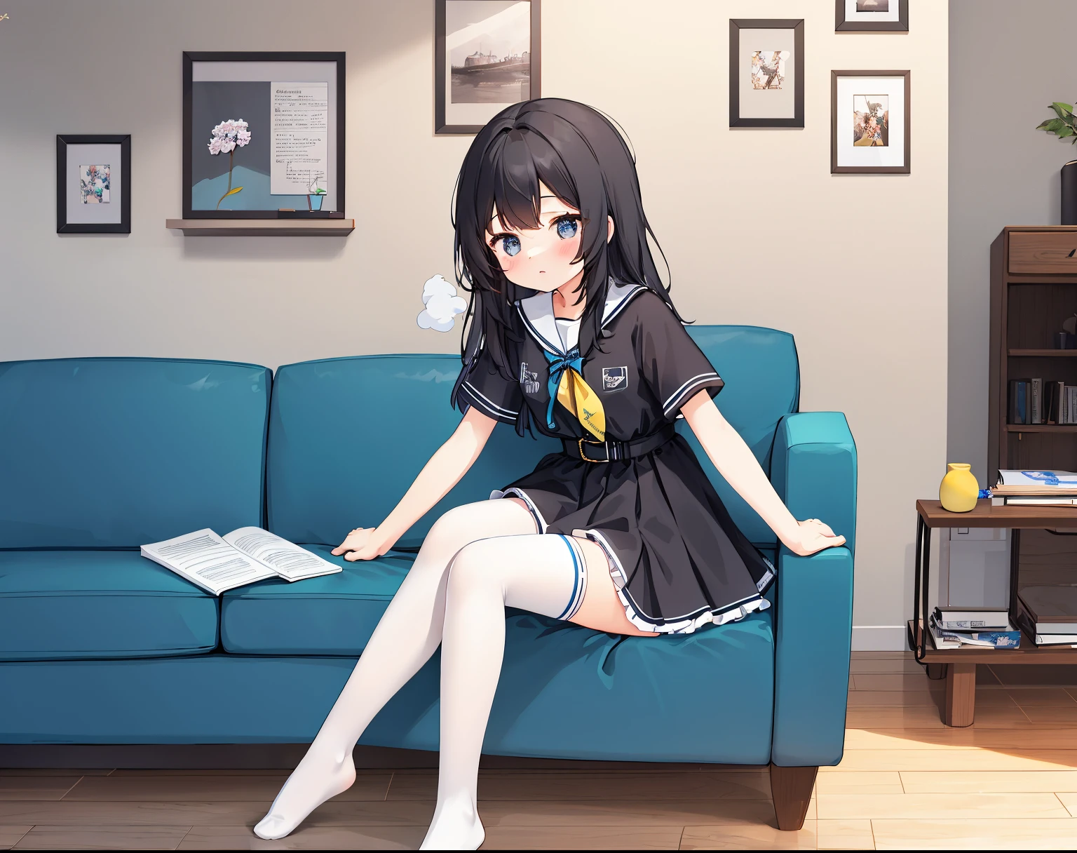 tmasterpiece, Best quality at best, The content is very detailed,tmasterpiece,Best quality at best,offcial art,extremely detaild的 CG unified 8k wallpapers，1 busty girl， old，{White stockings}，shyexpression，A girl takes off her shoes at home，Socks that emit steam，steam collar