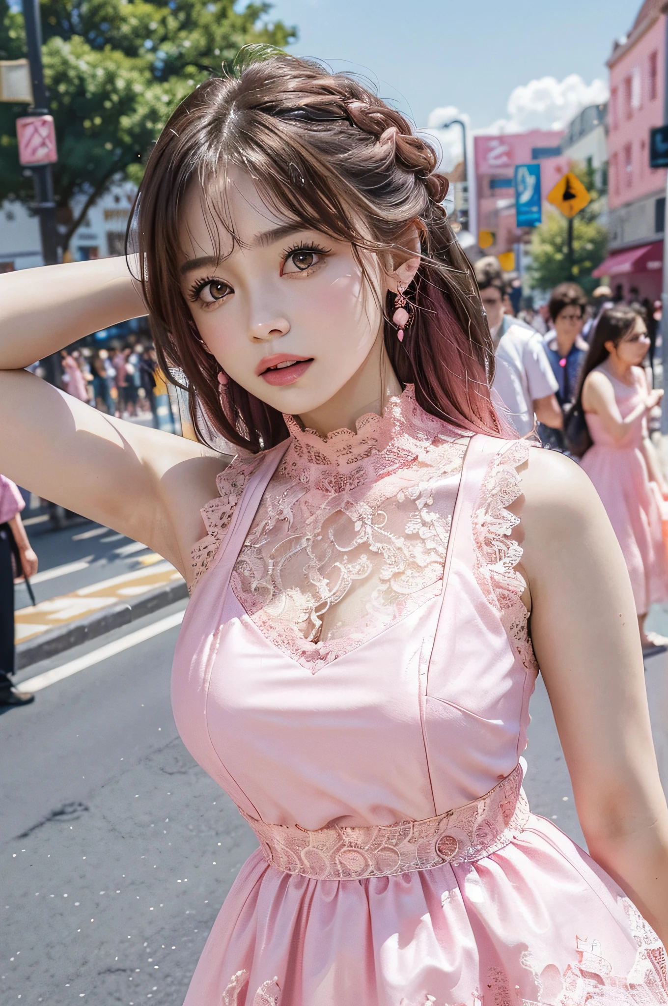 a woman posing on the street corner with pink dress on, best quality, high res, 8k, 1girl, (huge breasts), day, bright, outdoor, (street:0.8), (people, crowds:1), (lace-trimmed dress:1.5, pink clothes:1.5, pink high-neck dress:1.5, sleeveless dress, pink dress: 1.5), gorgeous, (medium hair), beautiful detailed sky, beautiful earrings, (dynamic pose:0.8), (upper body:1.2), soft lighting, wind, shiny skin, looking at viewer,
