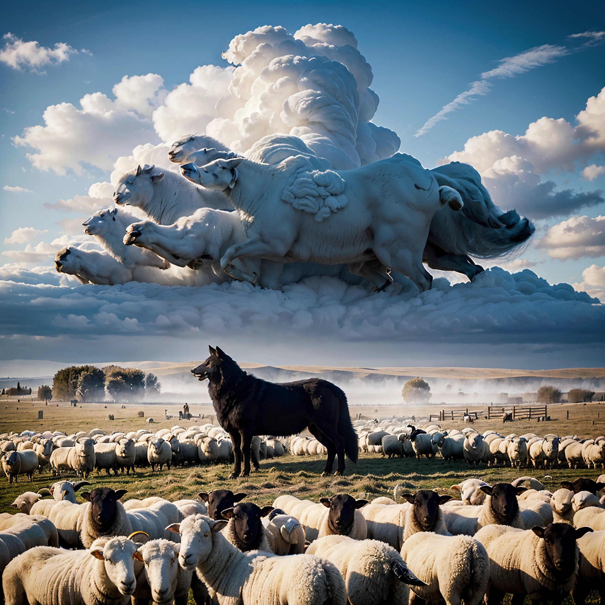 a gigantic black wolf stands in a huge flock of white sheep, outdoor, clear cloudy sky, (a huge flock of white sheep), Gothic art, Fujicolor, high details